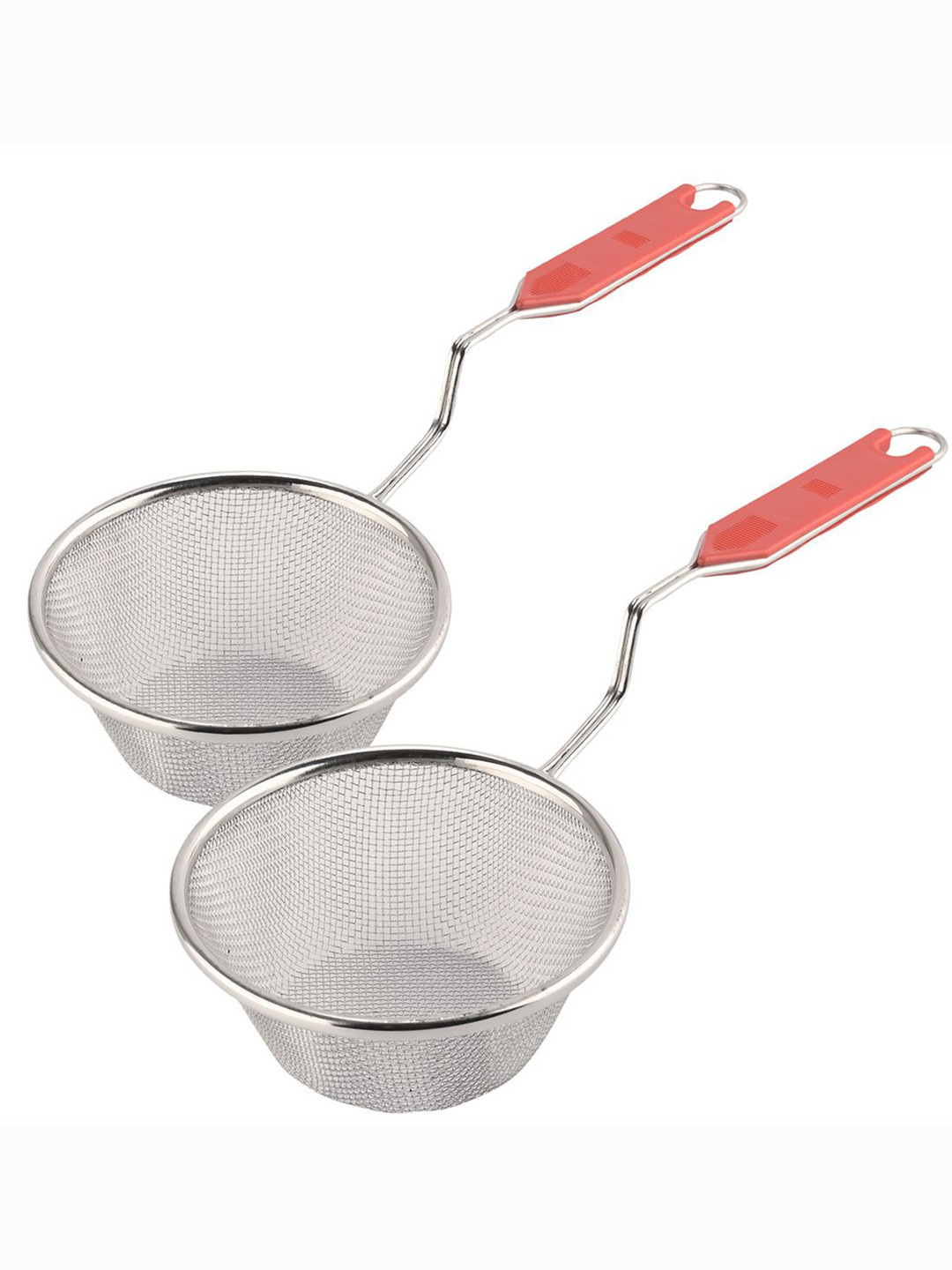 Kuber Industries Silver-Toned & Red 2 Pieces Steel Deep Fry Strainers