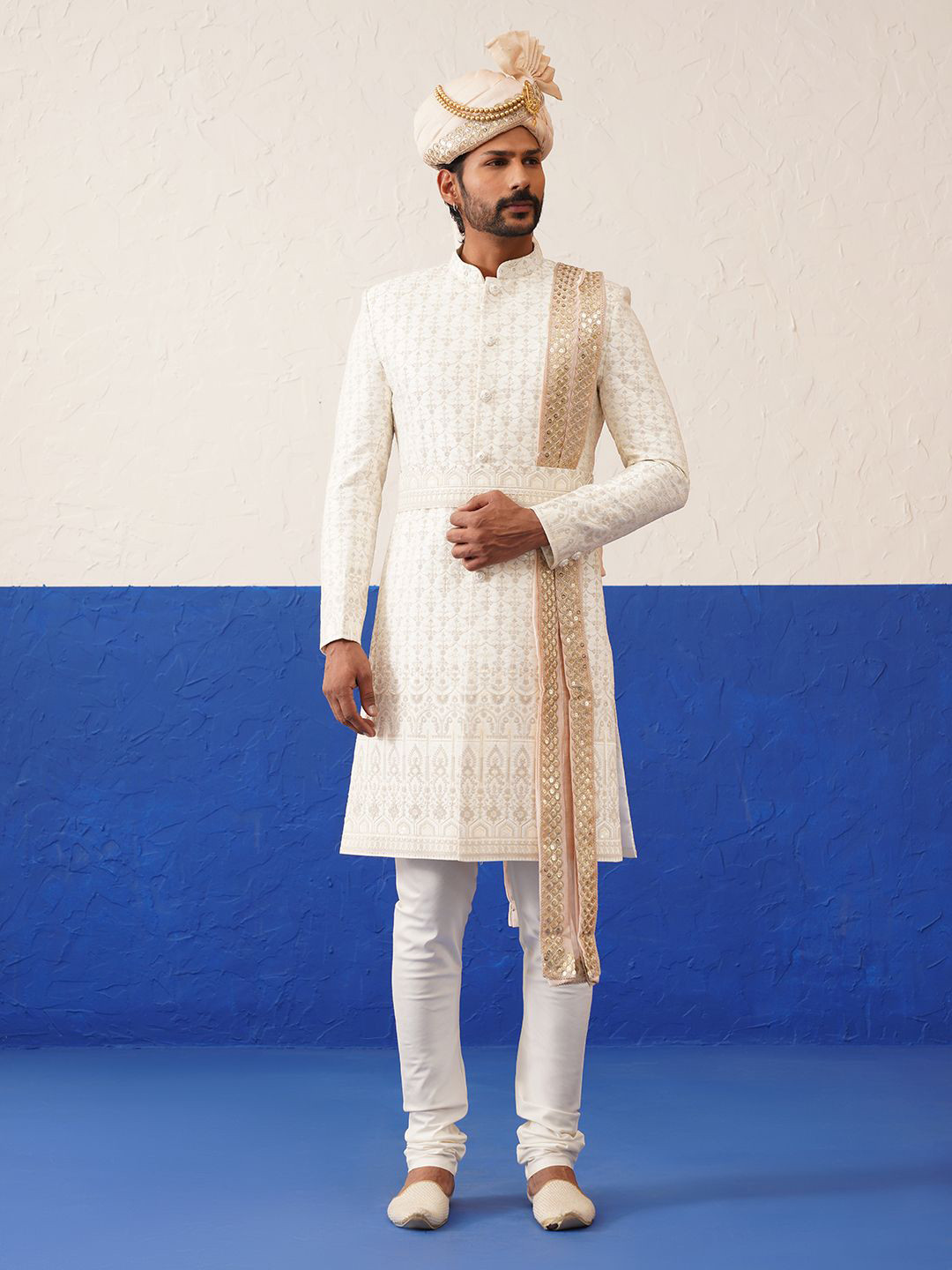 TheEthnic.Co Men Cream Heavy Embroidered Indo Sherwani Set