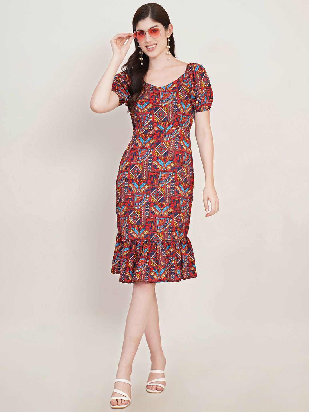 Moda Rapido Ethnic Motifs Print Puff Sleeve Crepe Bodycon Dress