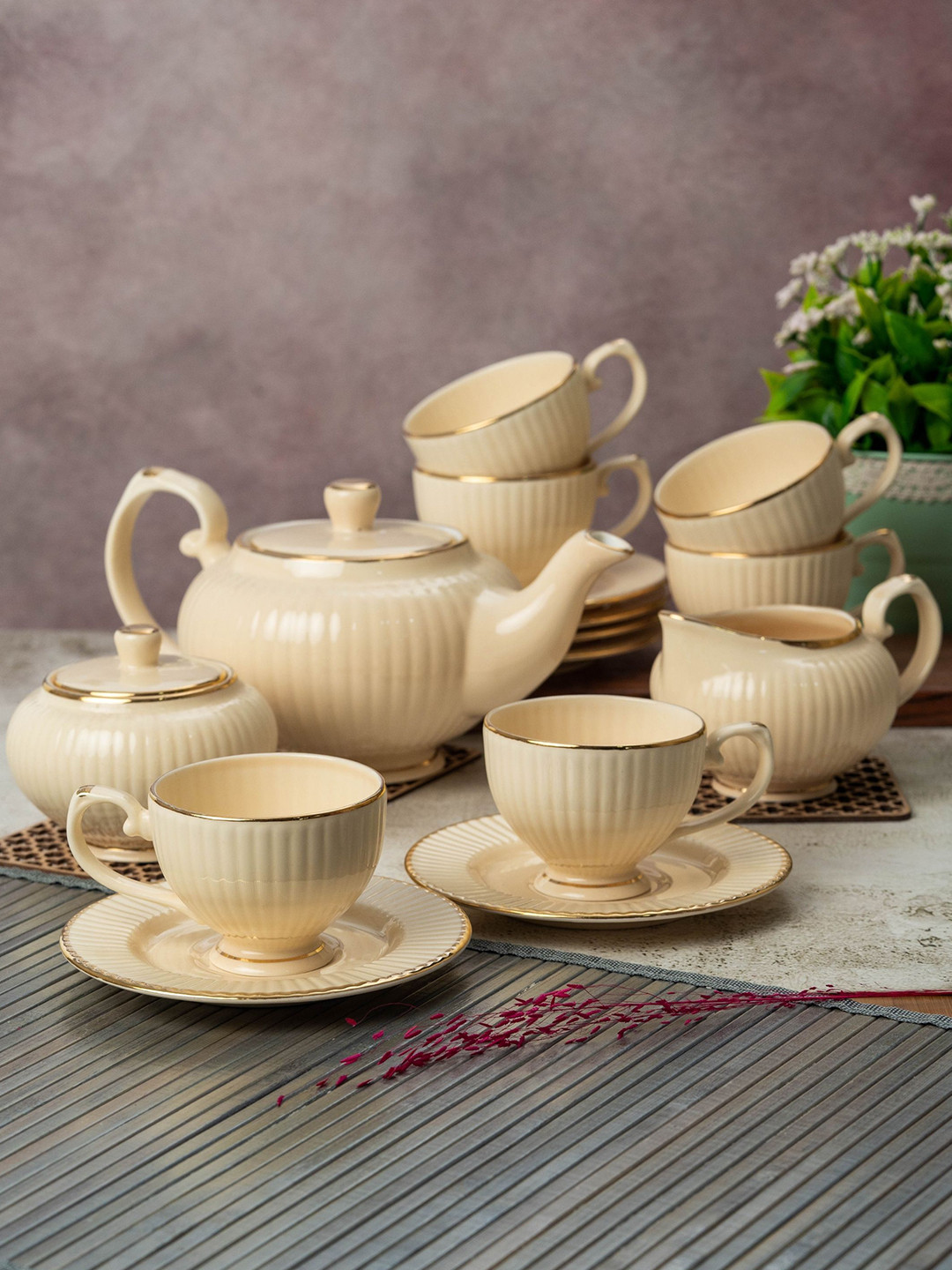 CLAY CRAFT Beige & Gold-Toned 15 Pieces Textured Ceramic Glossy Tea Set