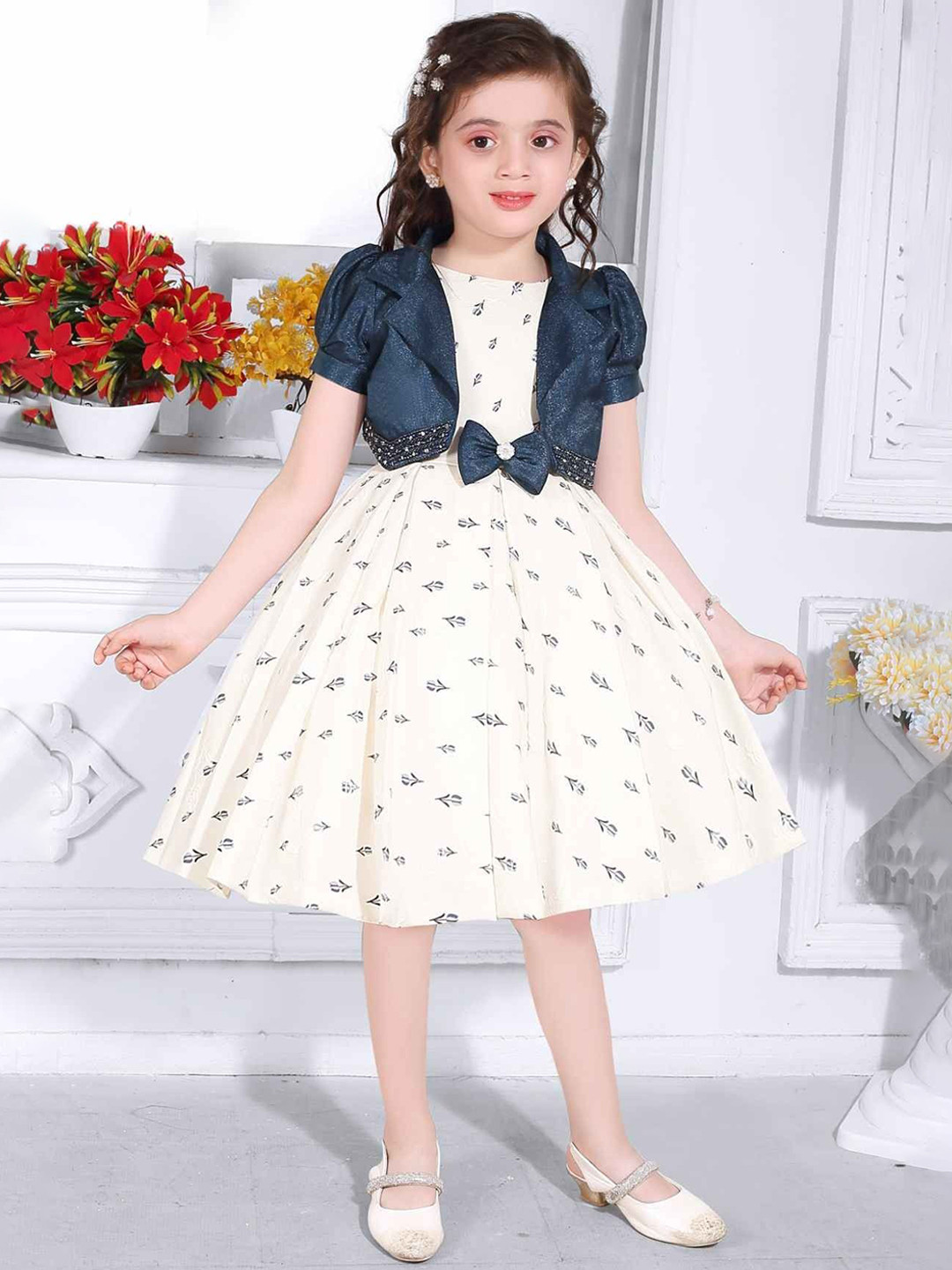 Lagorii Girls Floral Printed Off White Partywear Frock With Blue Overcoat