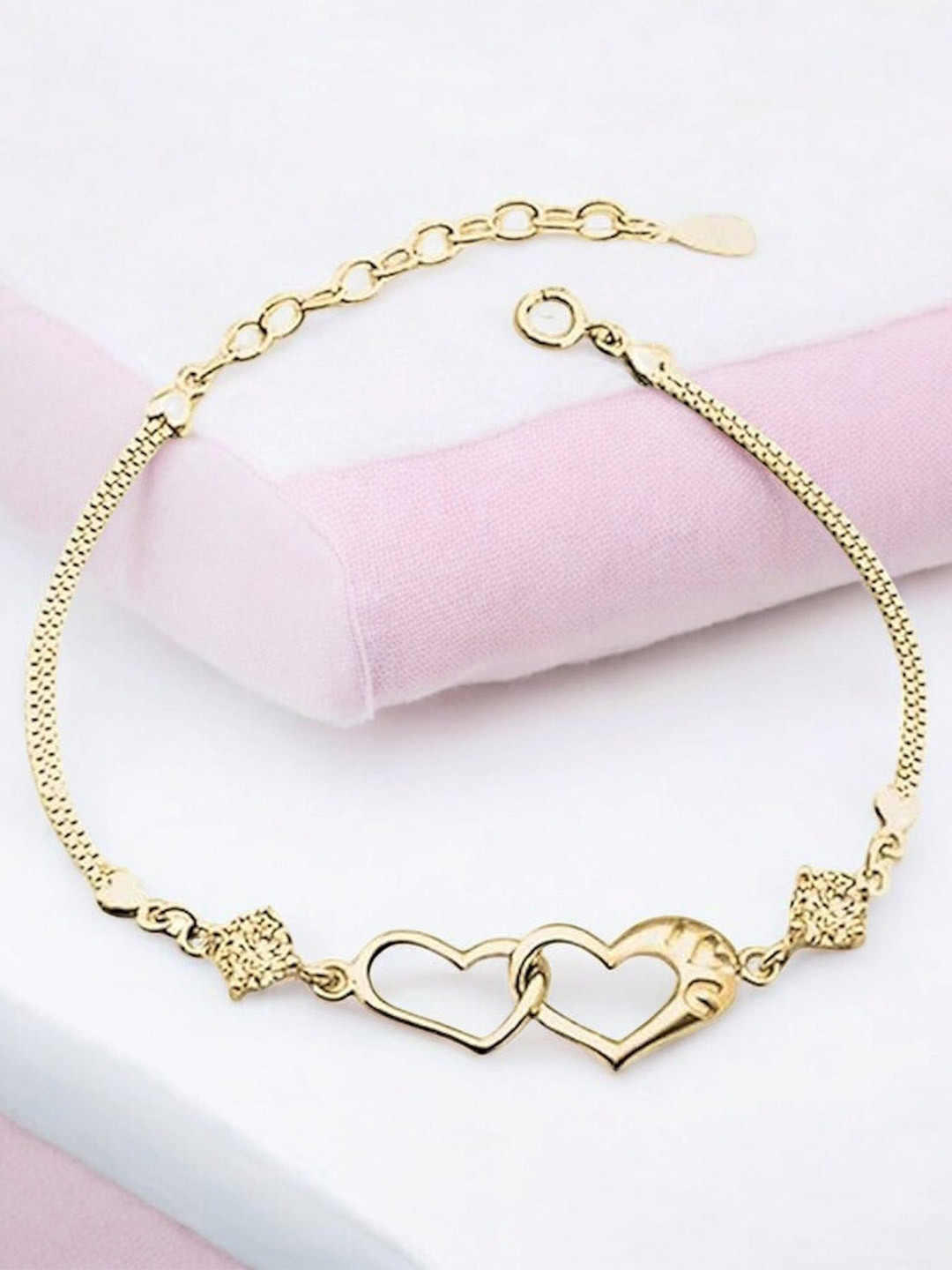 Nilu's Collection Gold-Plated CZ Studded Interlocked Heart Duo Shaped Link Bracelet