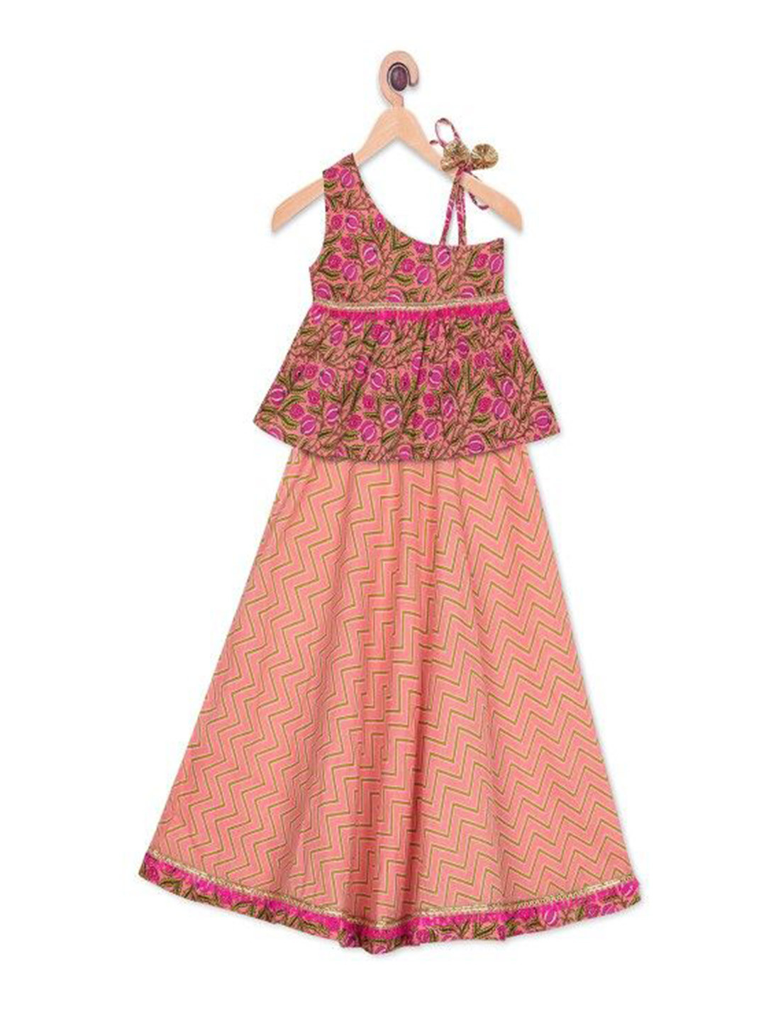Ka-mee Girls Printed Gotta Patti One Shoulder Pure Cotton Ready to Wear Lehenga & Blouse