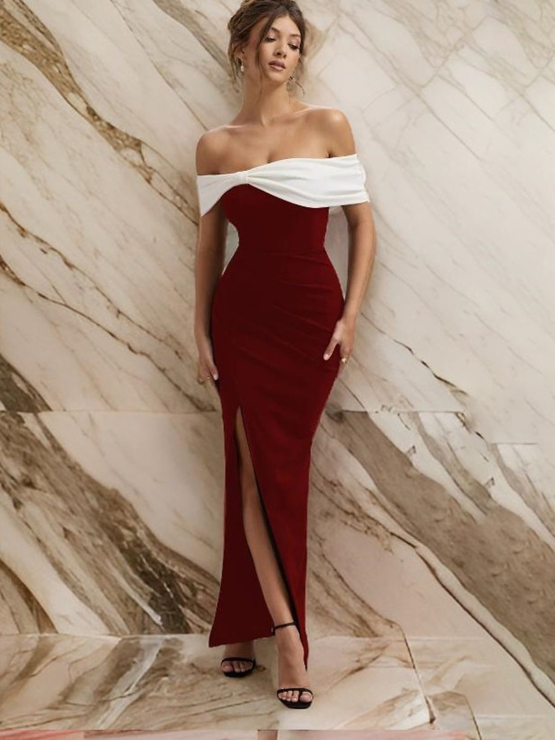 Genzy Women Off-Shoulder Crepe A-Line Maxi Dress