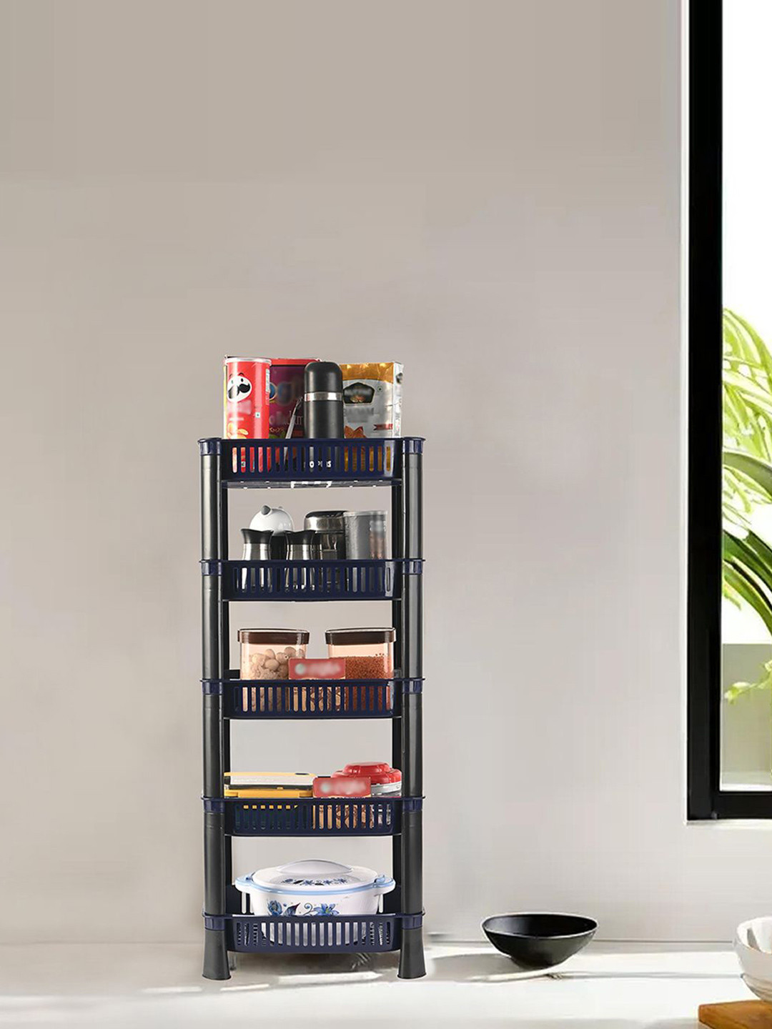 Kuber Industries Black & Blue 5-Tier Fruits & Vegetable Rack For Kitchen