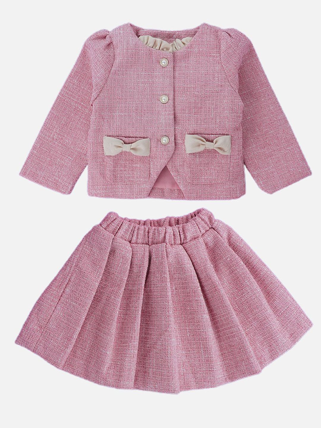 Little Surprise Box LLP Girls Round Neck Dual Bow Tweed Top with Skirt