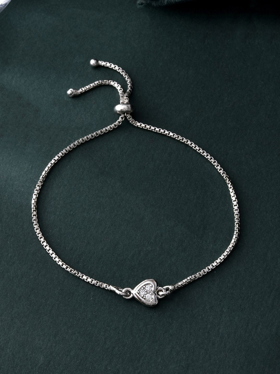 Studio Voylla Sterling Silver Rhodium-Plated CZ-Studded Shining Heart Wraparound Bracelet
