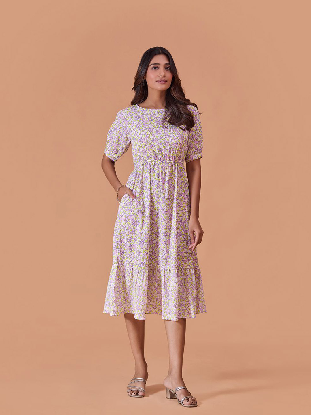 Fashfun Women Floral Printed Puff Sleeves Cotton Fit & Flare Midi Dress