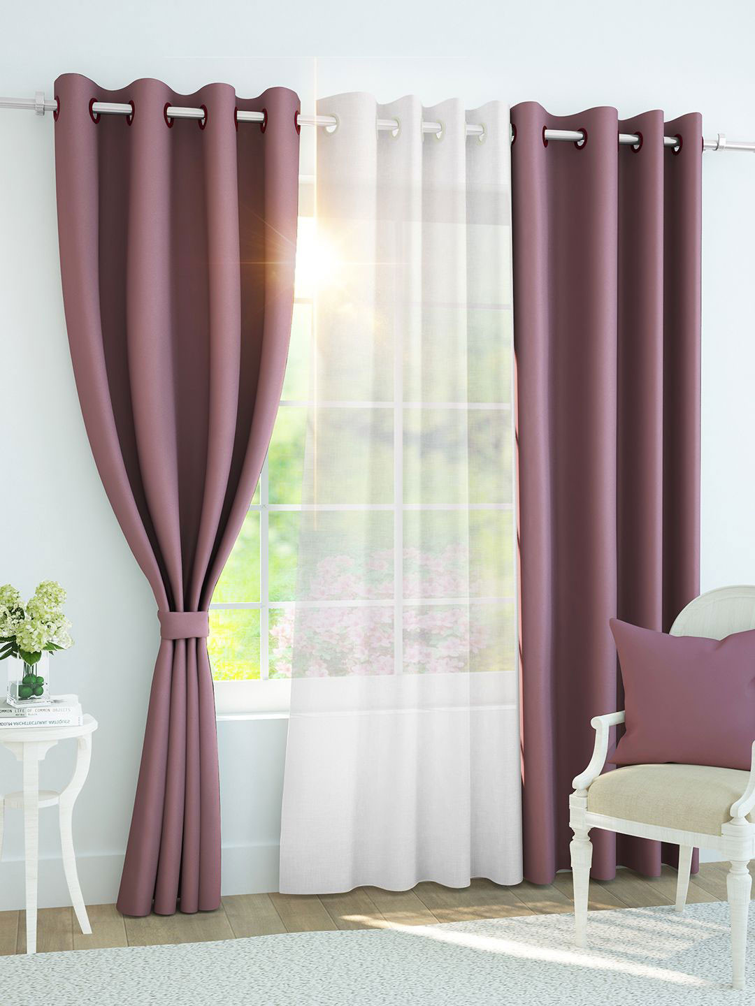 Story@home Set of 3 Combo Long Door Curtains of Blackout & Sheer 9 Feet, Burgundy & White