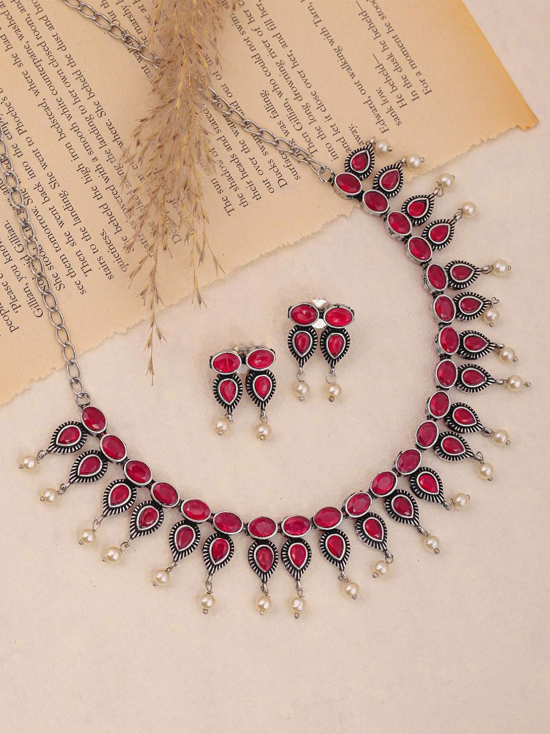 TOS Ruby Silver Oxidized Necklace With Earrings Set