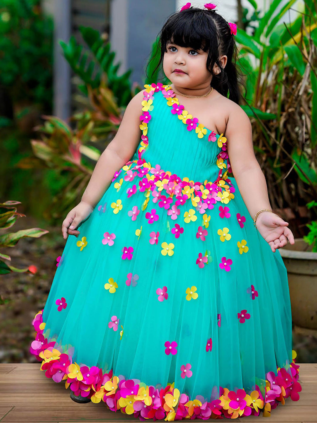Li & Li Boutique Girls Floral One Shoulder Net Fit & Flare Maxi Dress