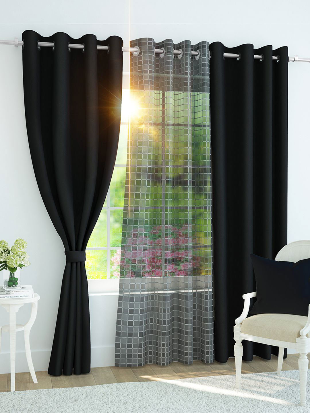 Story@home Set of 3 Combo Door Curtains of Blackout & Sheer 7 Feet, Black & Grey