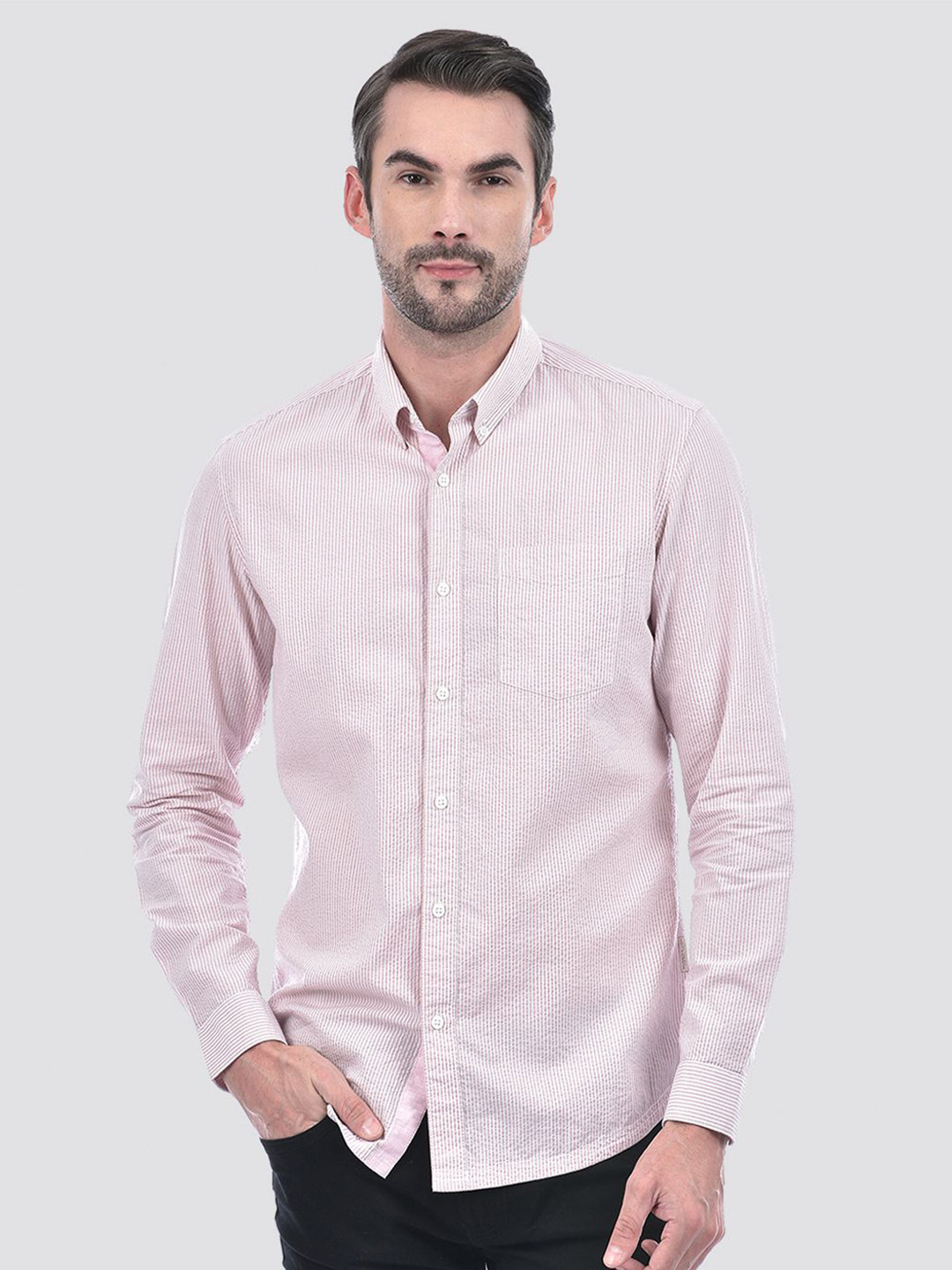 Numero Uno Men Button-Down Collar Pinstripes Cotton Casual Shirt