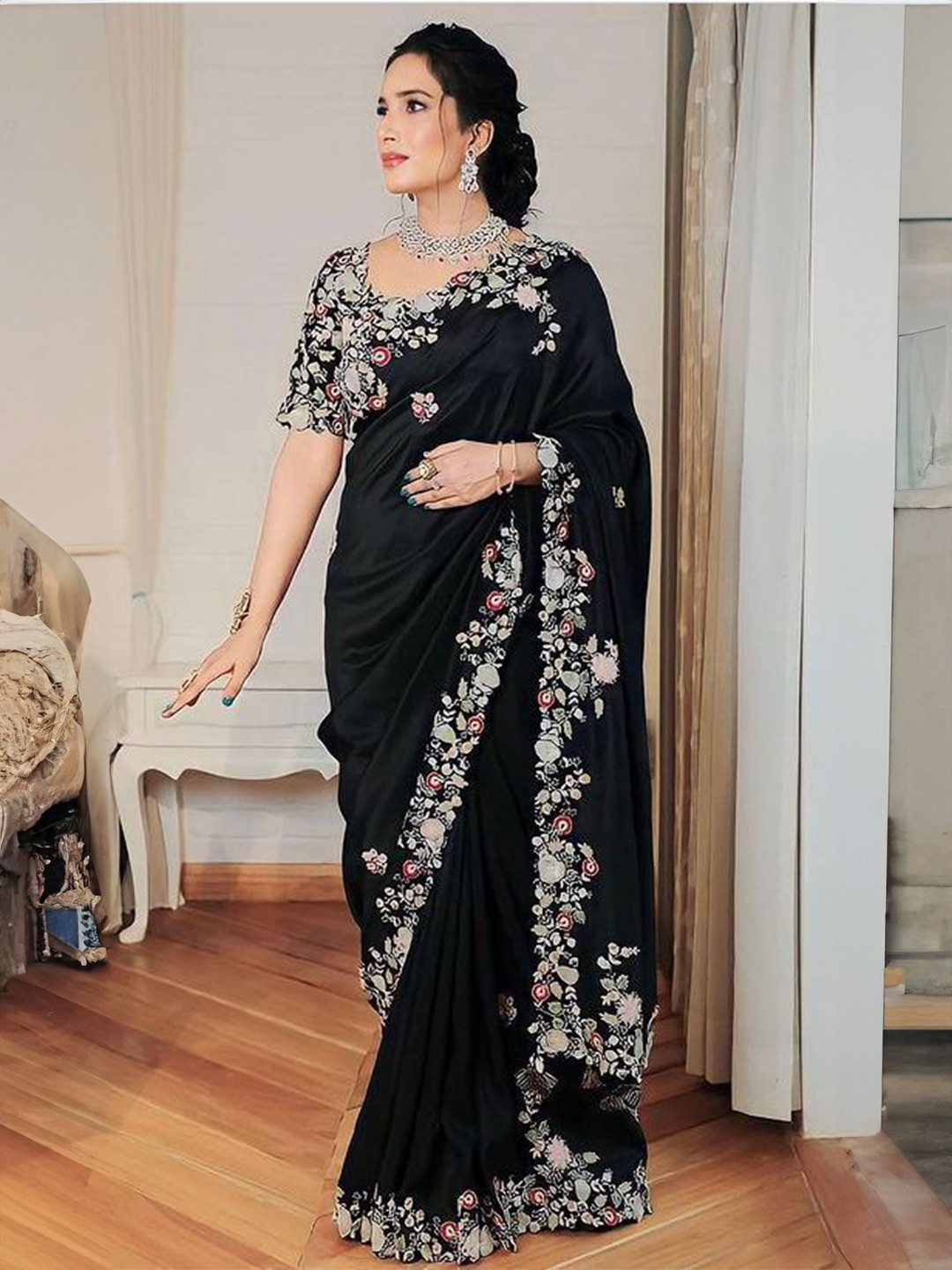VenderVilla Floral Embroidered Pure Georgette Designer Saree