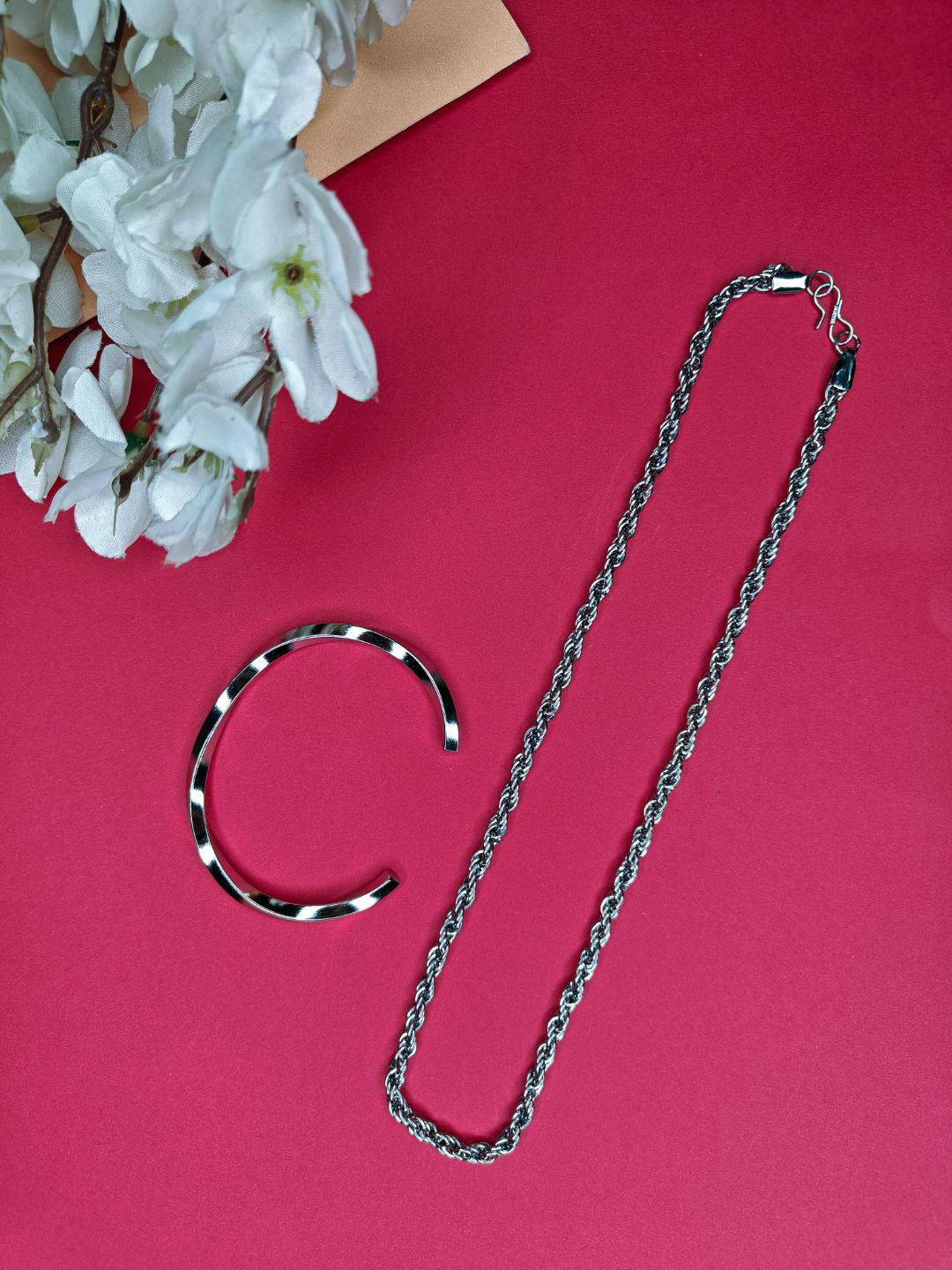 NVR Men's Silver-Plated Stainless Steel Chain with Cuff Bracelet