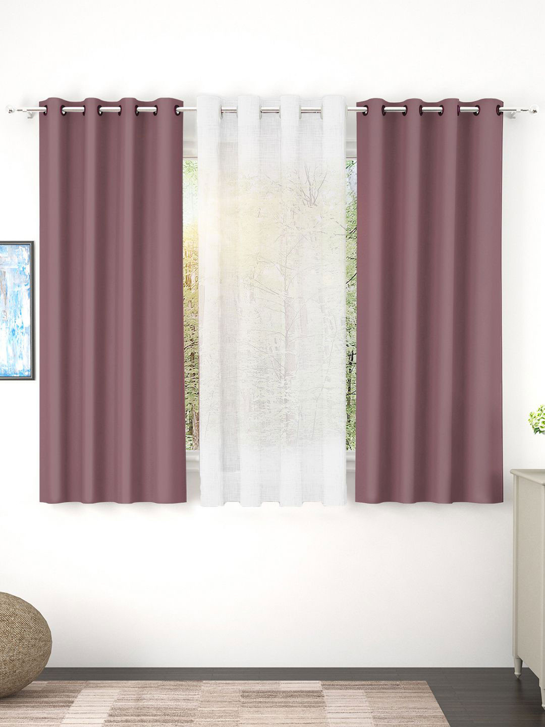 Story@home Set of 3 Combo Window Curtains of Blackout & Sheer 5 Feet, Burgundy & White