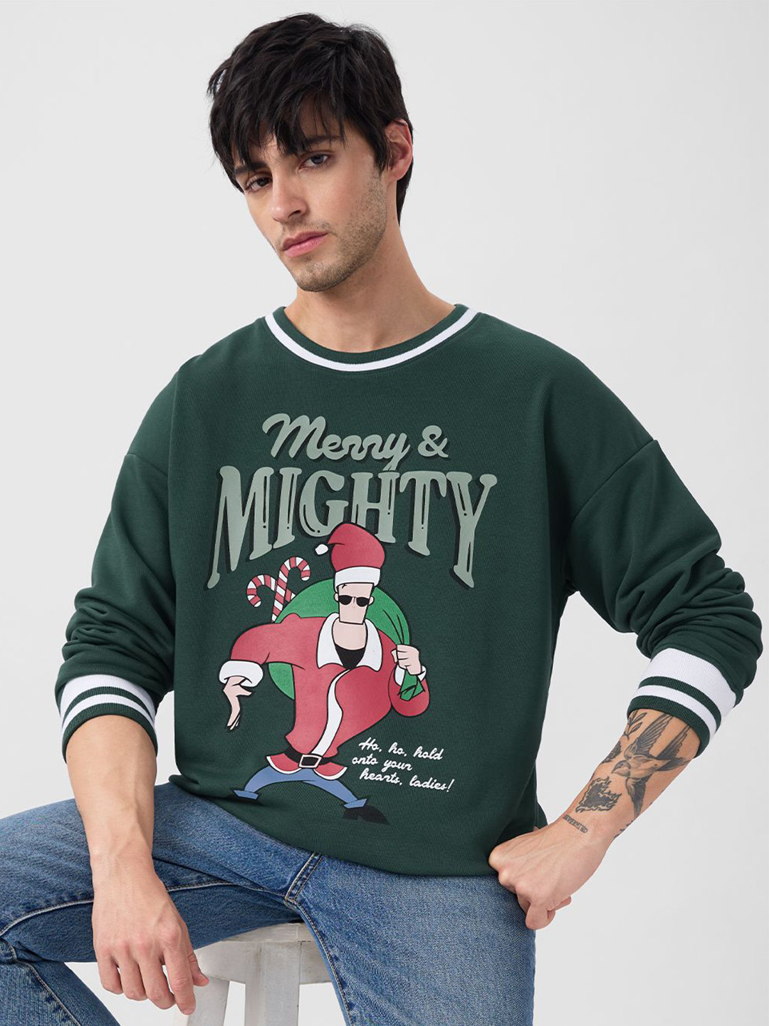The Souled Store Men Johnny Bravo Merry & Mighty Printed Oversized Sweatshirt