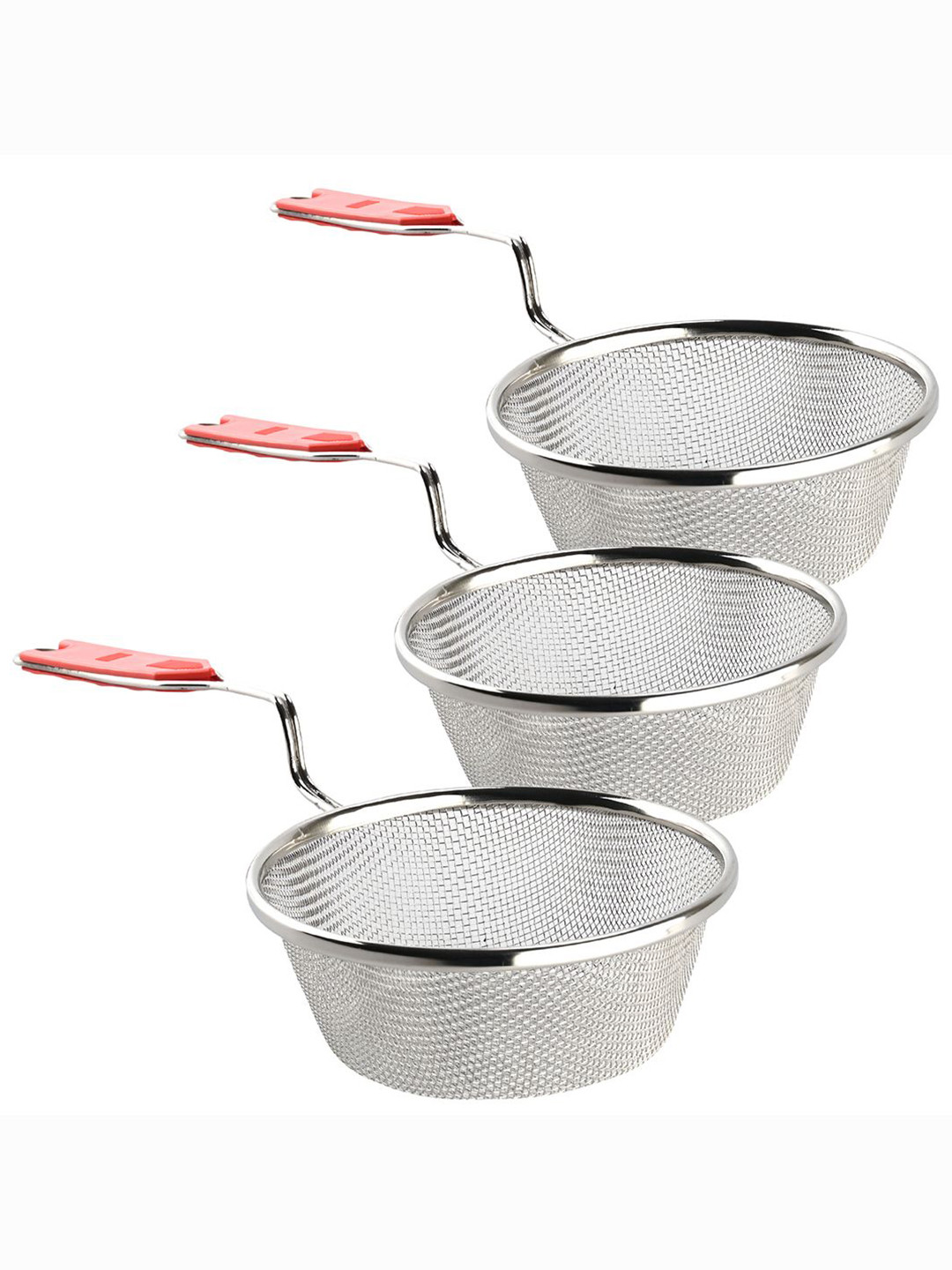 Kuber Industries Silver-Toned & Red 3 Pieces Stainless Steel Strainers