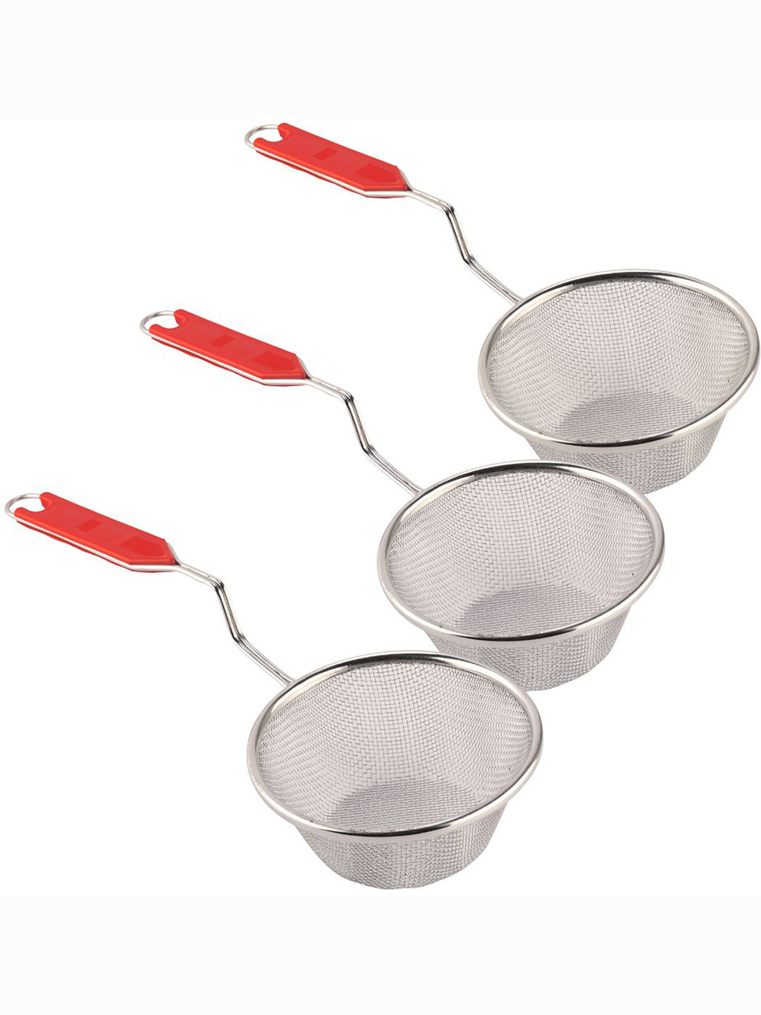 Kuber Industries Silver-Toned & Red 3 Pieces Stainless Steel Strainers