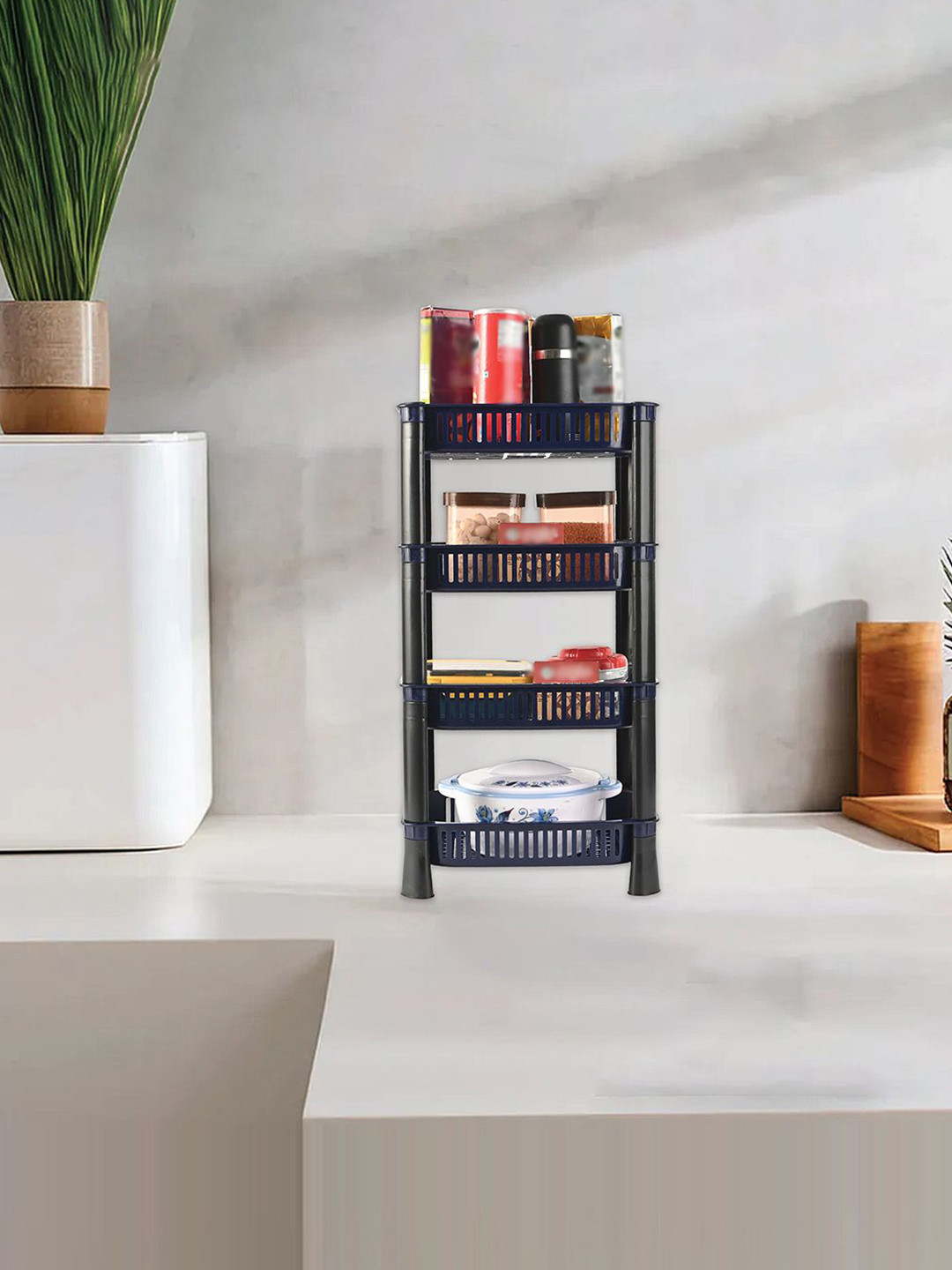 Kuber Industries Black & Blue 4-Tier Fruits & Vegetable Rack For Kitchen