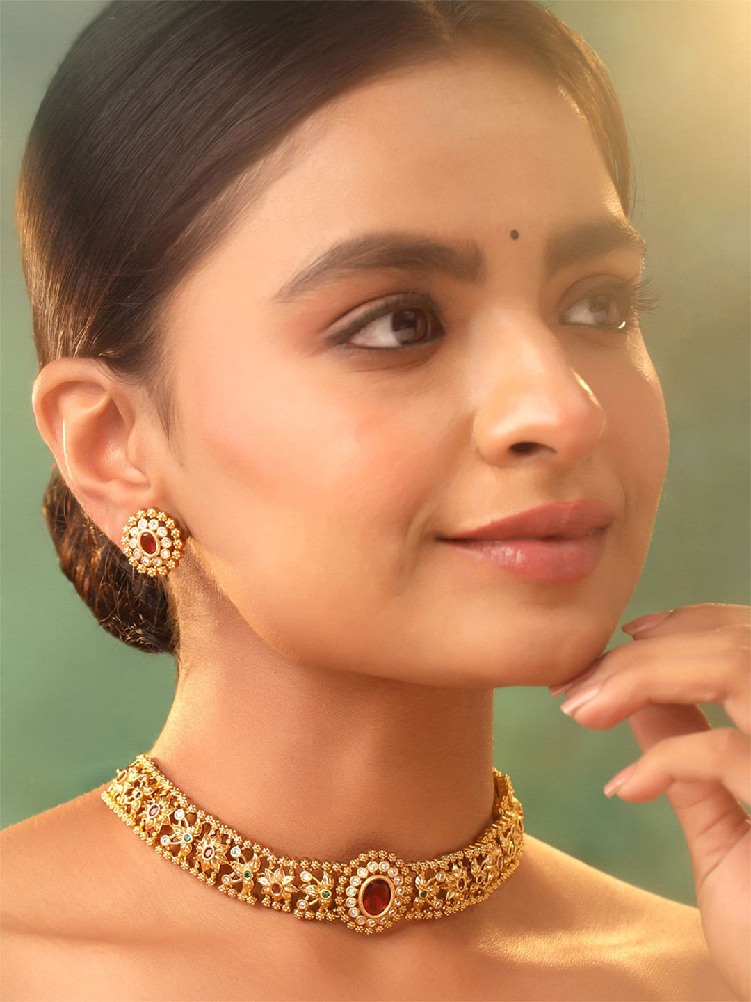 Yellow Chimes Ethnic Gold Plated Artificial Stone-Studded Jewellery Set