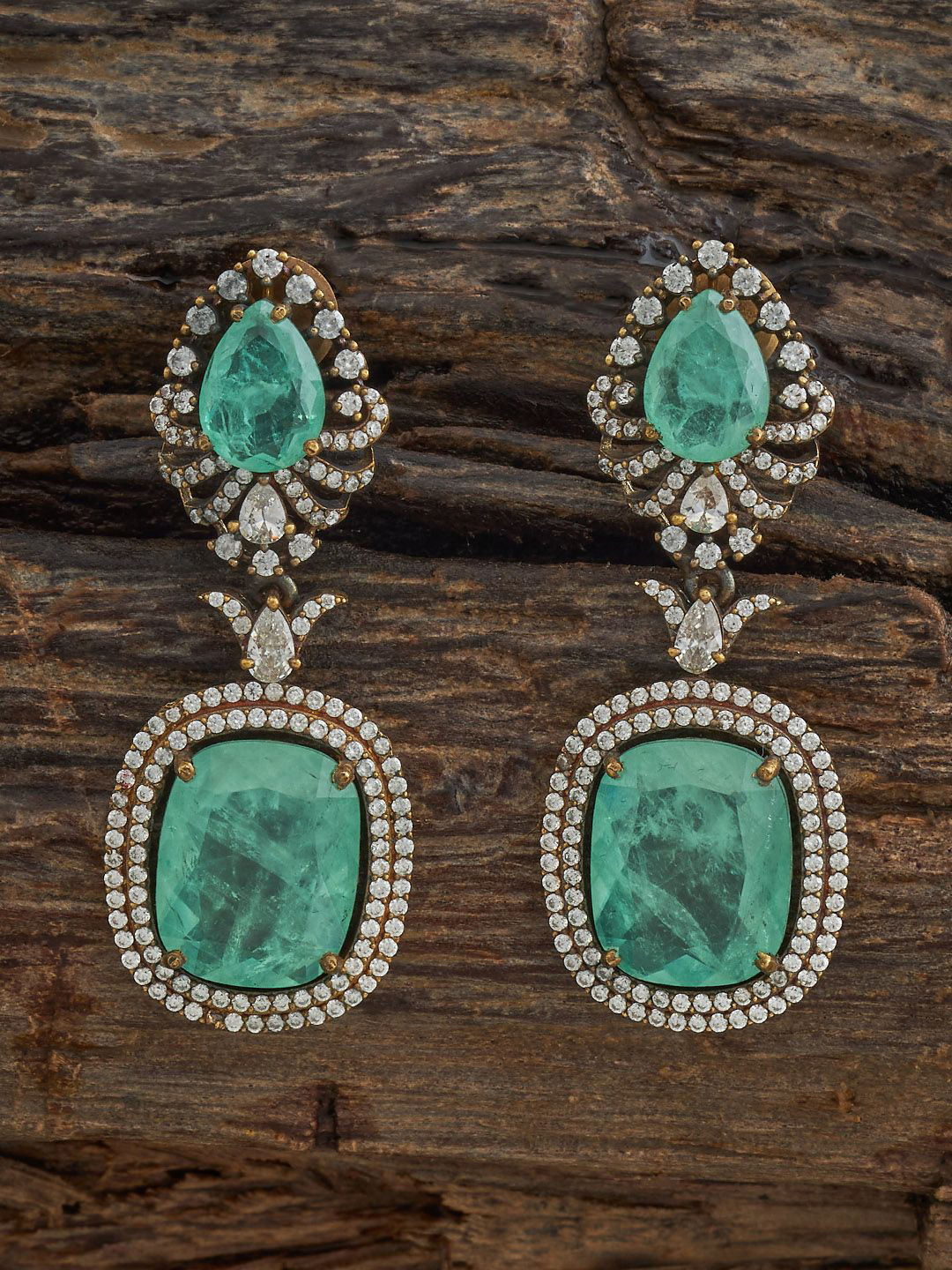 Kushal's Fashion Jewellery Mint Victorian-Plated Zircon Studded Geometric Drop Earrings