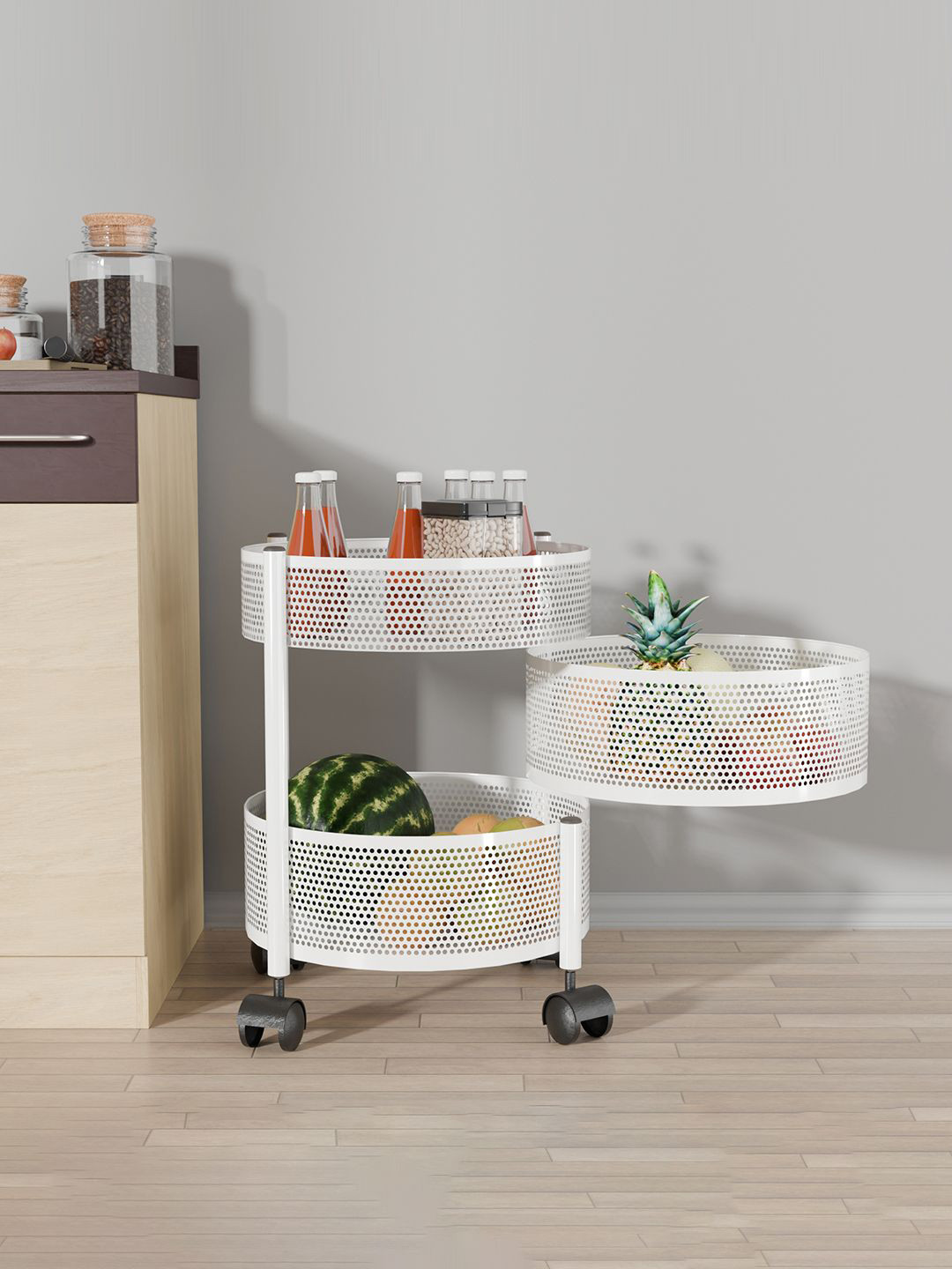 Kuber Industries 2+1 Layer Kitchen Metal Storage Rack Wheels Unisex White Kitchen Trolley