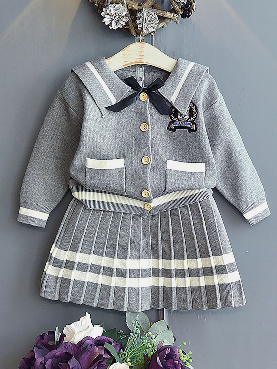 Little Surprise Box LLP Girls Woven Design V-Neck Sweatshirt With Skirt