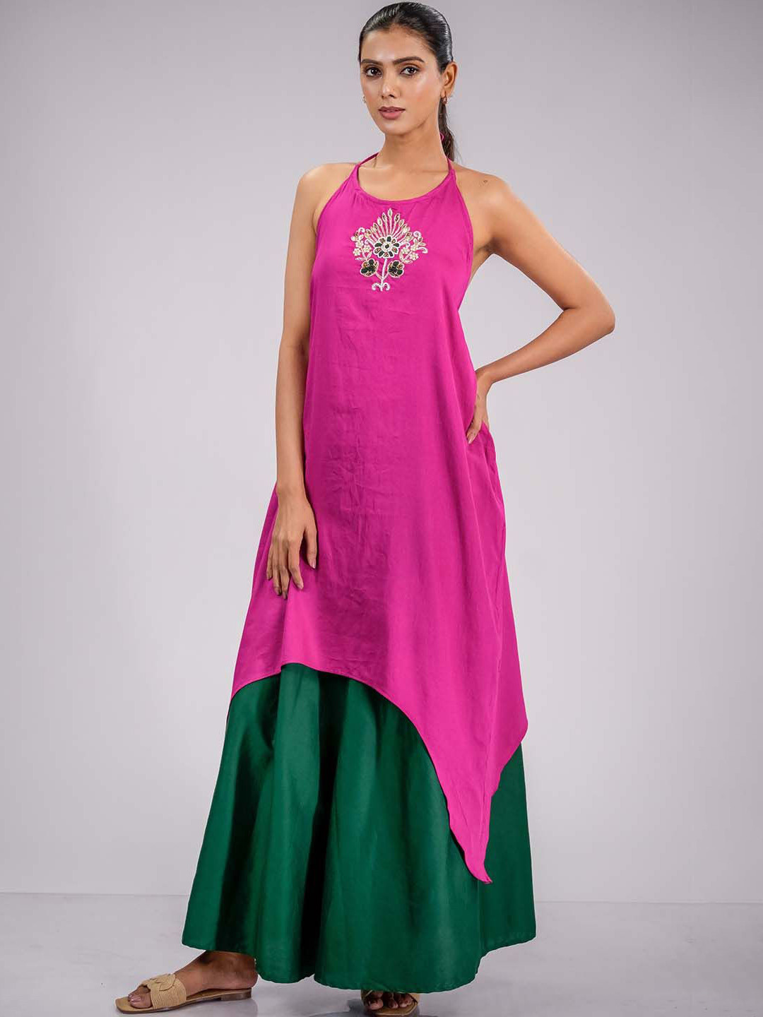 VILAASITA Embroidered Halter Neck Satin Fit & Flare Midi Dress