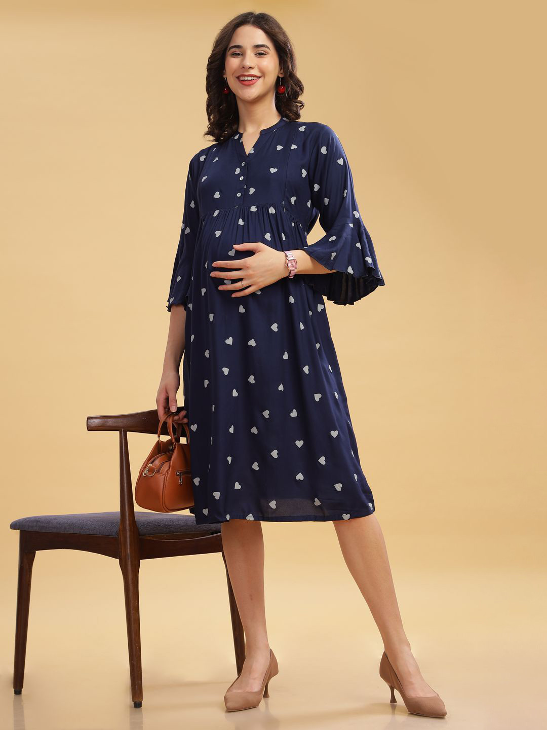 LOVELY MOM'S Women Mandarin Collar Bell Sleeve Maternity Fit & Flare Dress