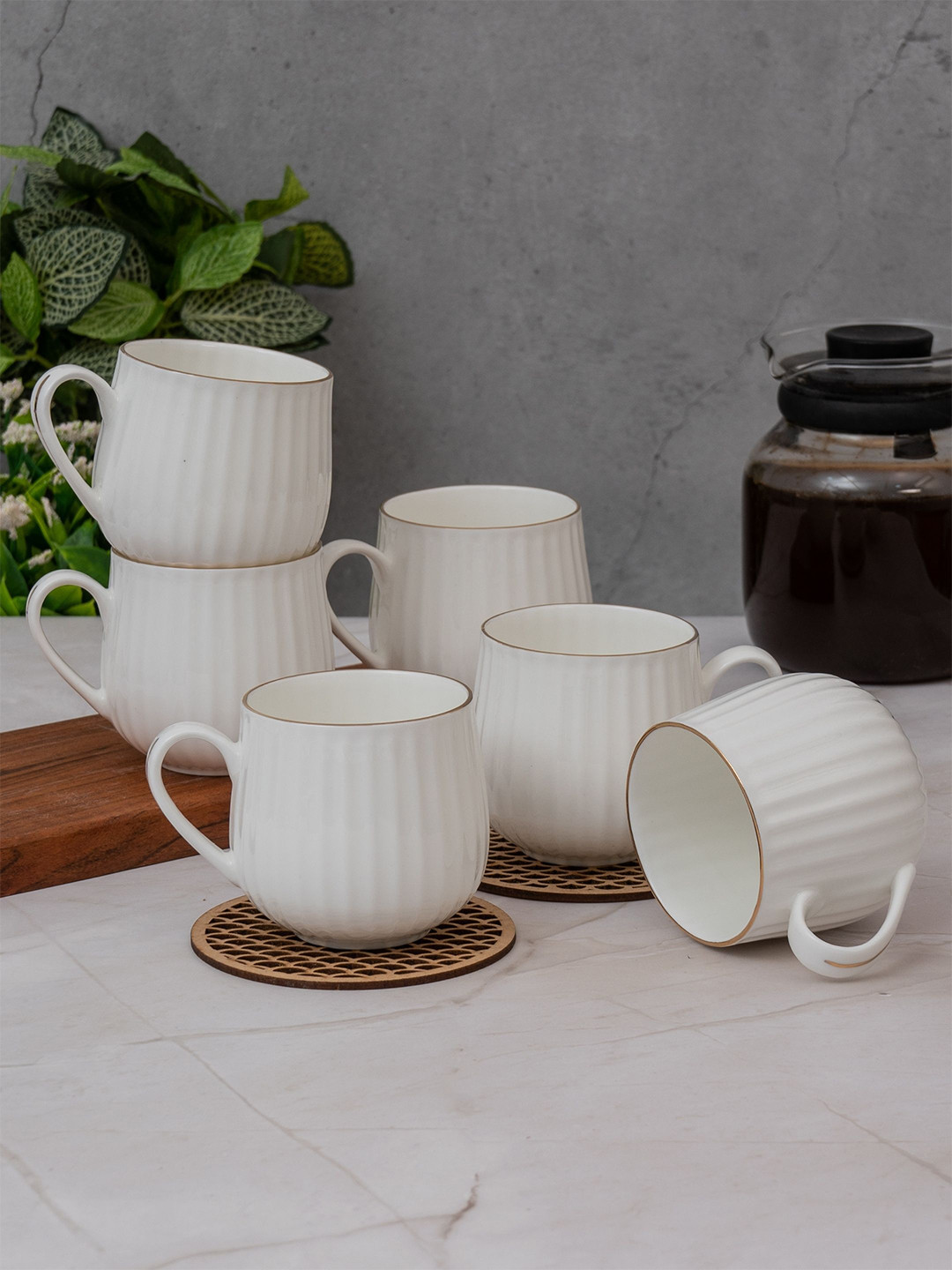 CLAY CRAFT White Textured Ceramic Glossy Coffee Mug Set Of 6-210 Ml Each