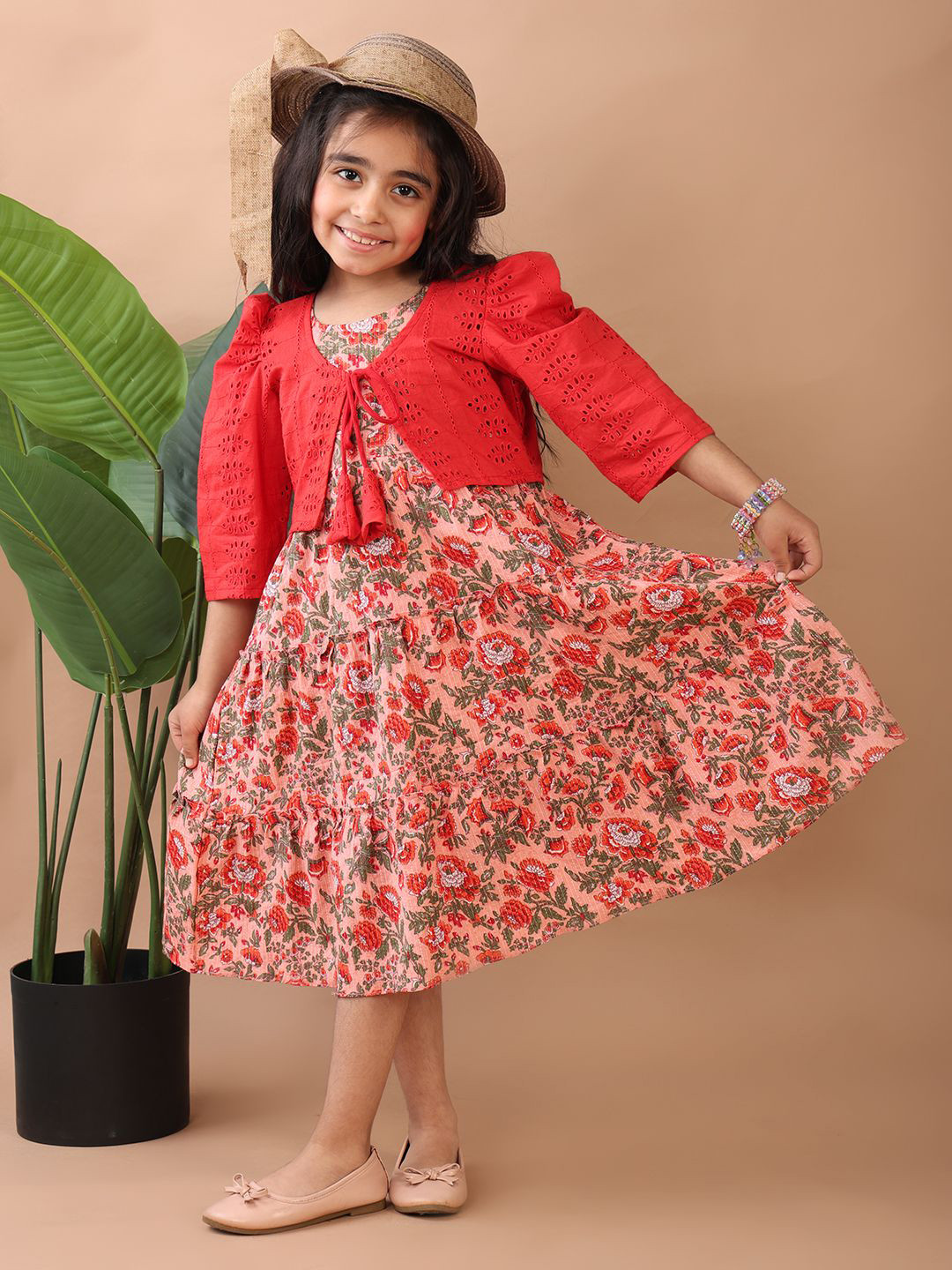 Here&Now X Kinder Kids Girls Cotton Printed Tie-Up Neck A-Line Midi Dress