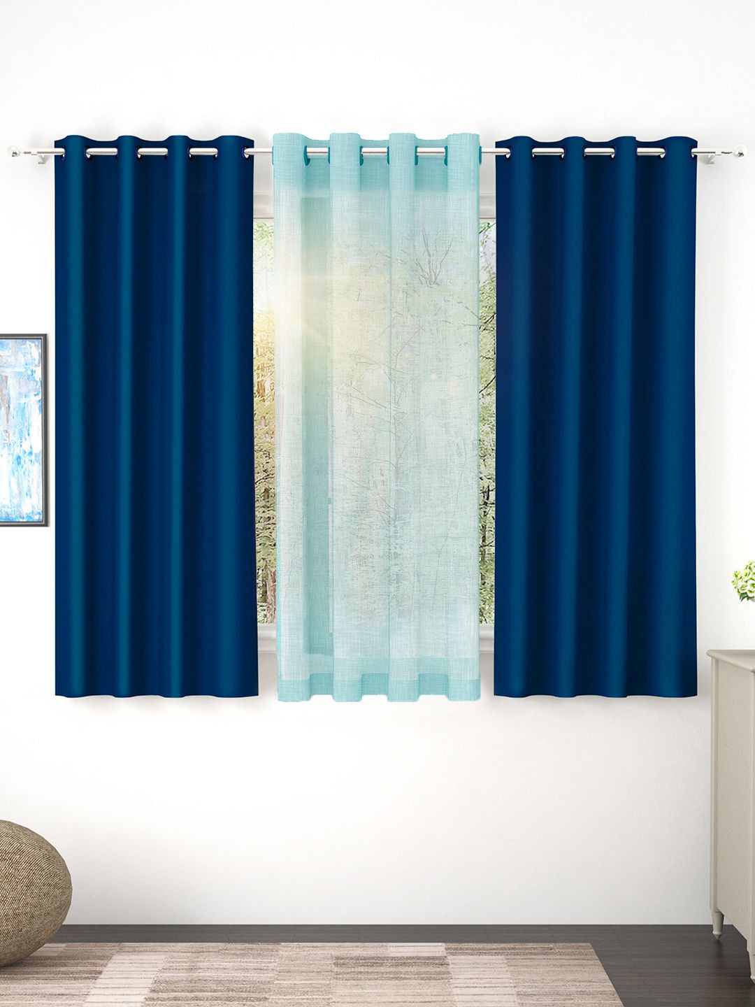 Story@home Set of 3 Combo Window Curtains of Blackout & Sheer 5 Feet, Blue & Light Blue