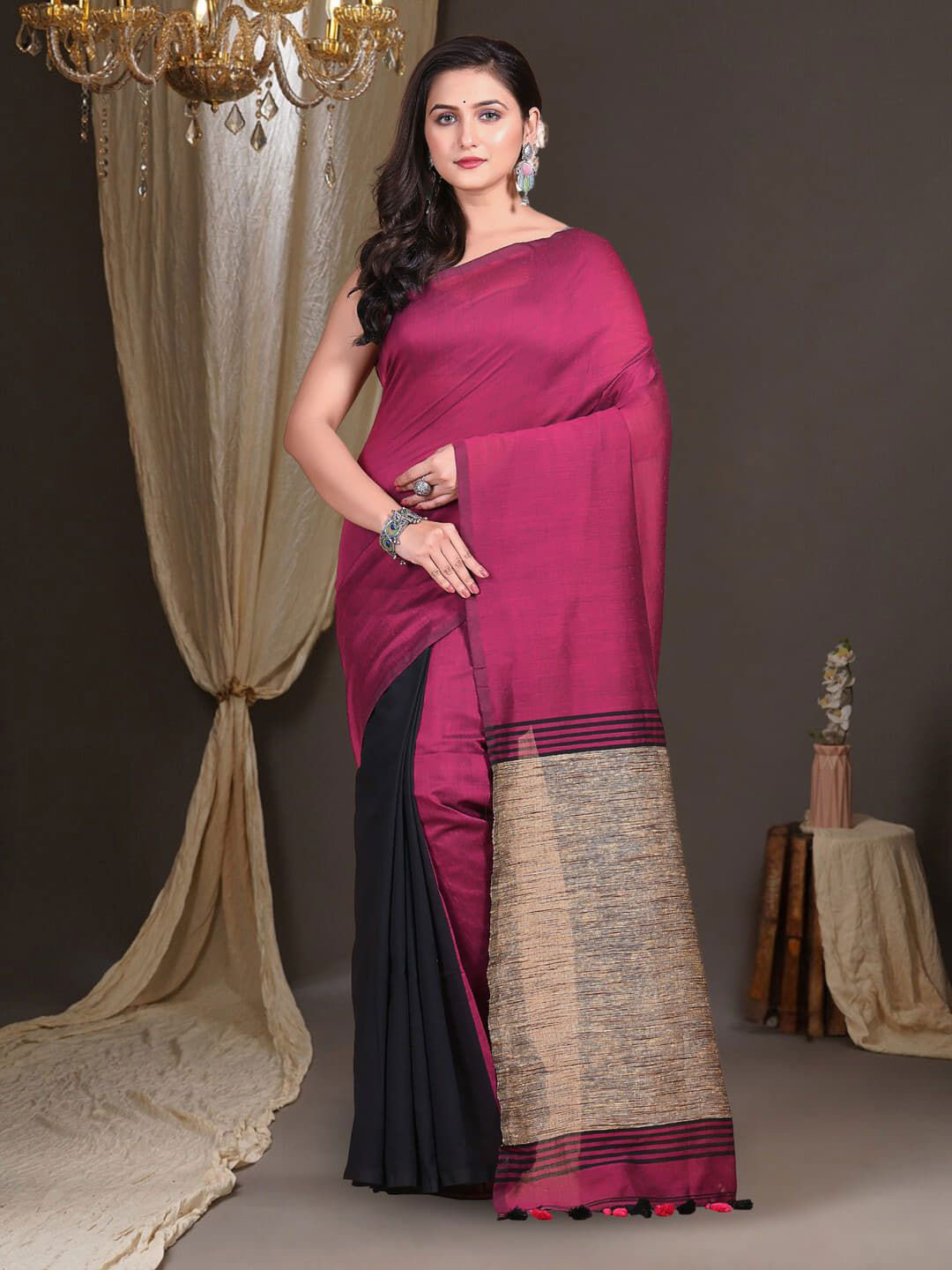 T.J. SAREES Pure Cotton Half and Half Khadi Saree