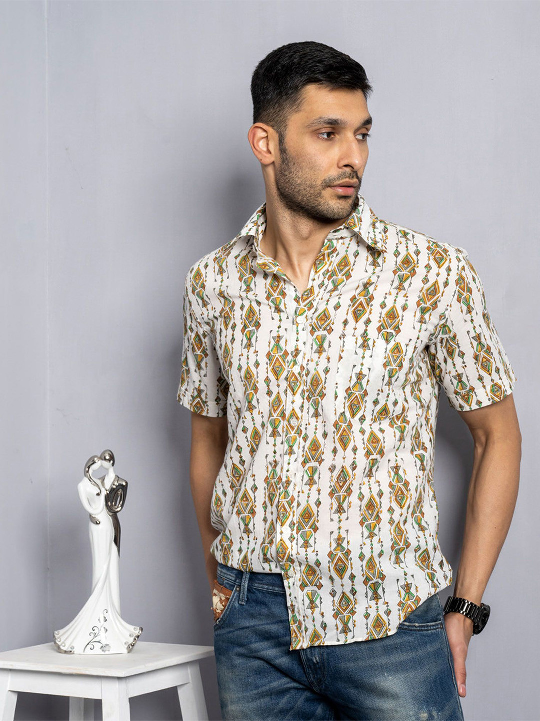 Style Matters Men Off White Gujrati Kandeel Handblock Printed Cotton Casual Shirt