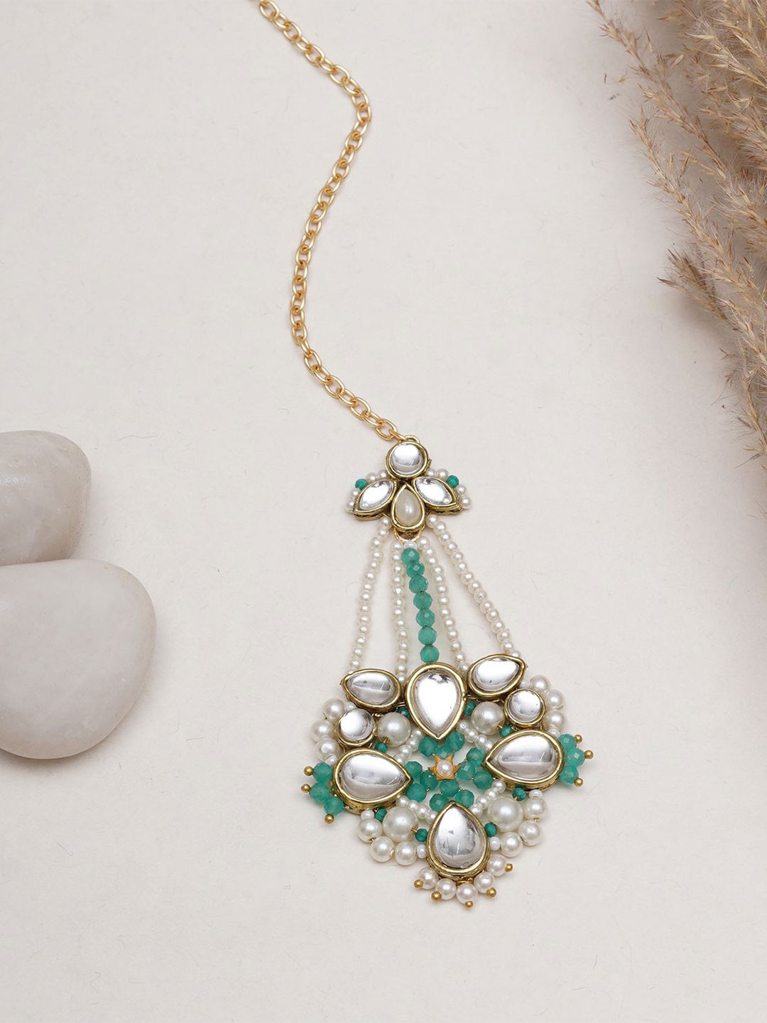 BeAbhika Women White Pearl Green Beads Maangtikka