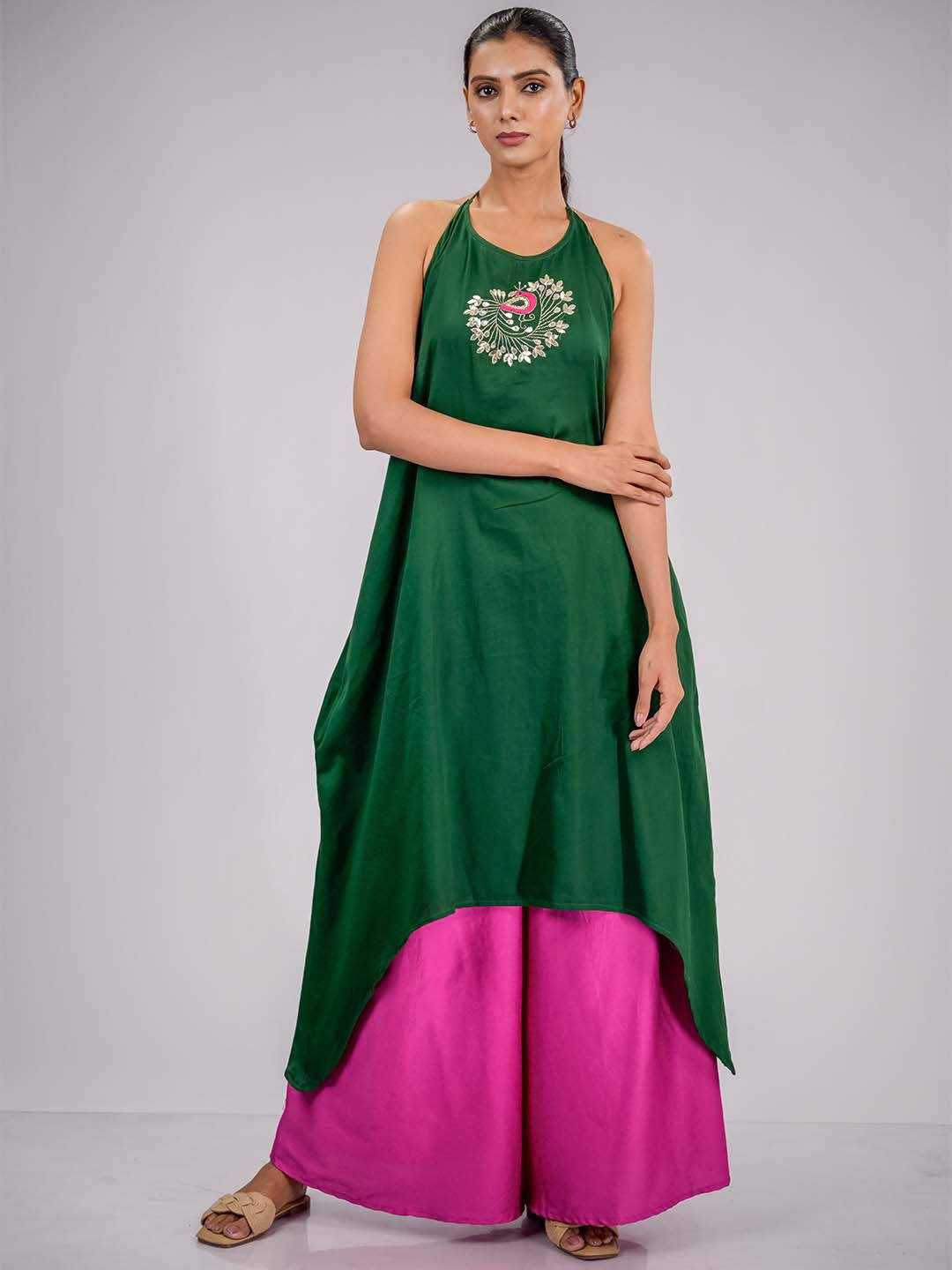 VILAASITA Embroidered Halter Neck Satin Fit & Flare Midi Dress