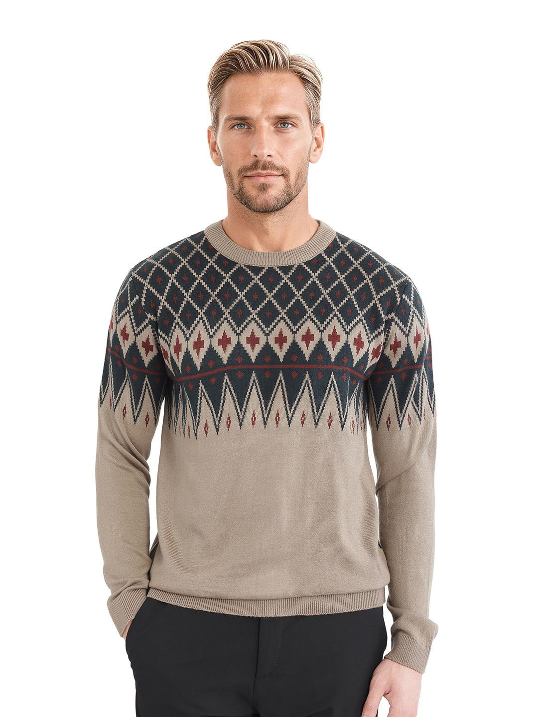 RARE RABBIT Men Printed Kezeck Light Brown Pullover Sweater