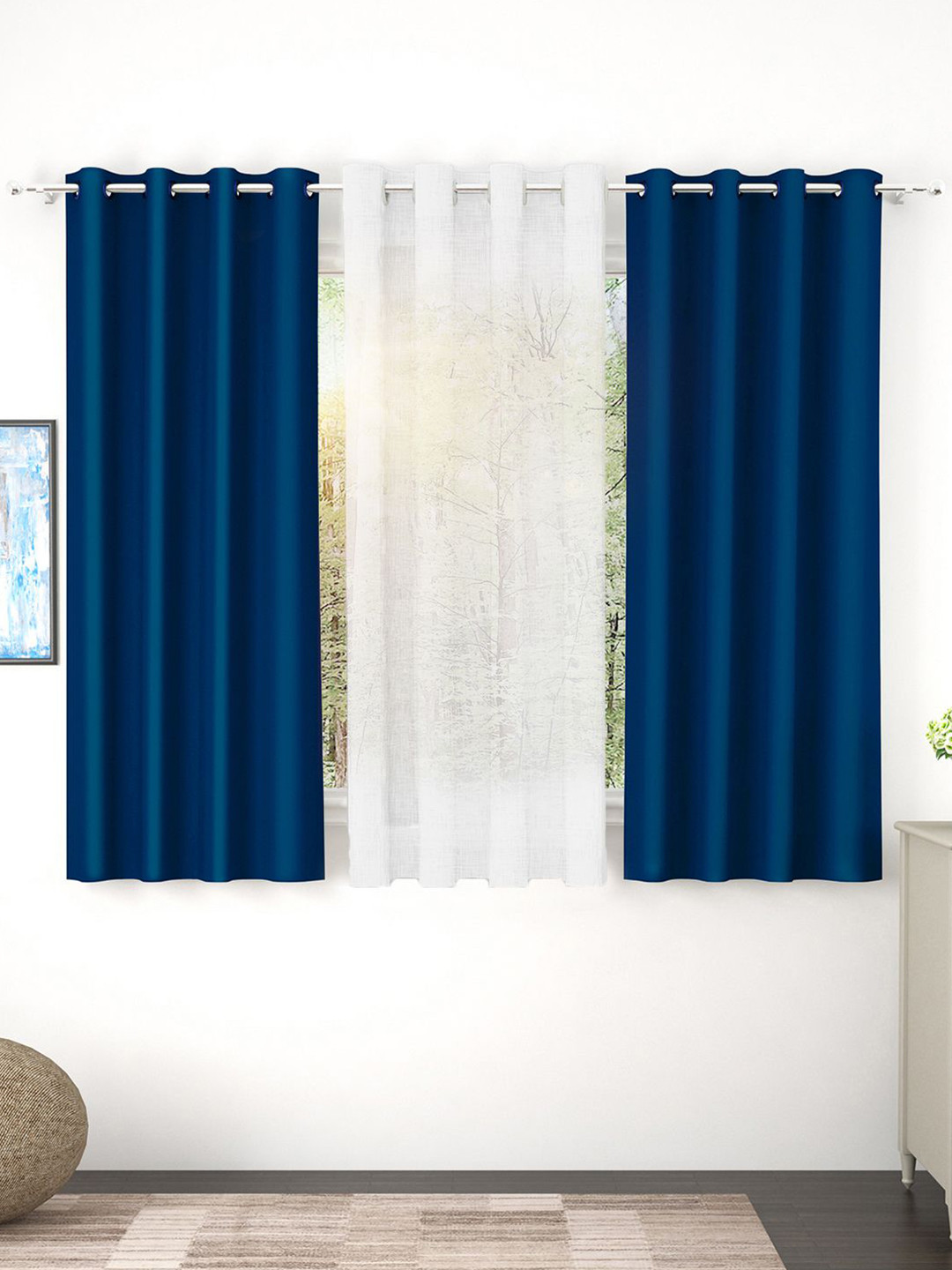 Story@home Set of 3 Combo Window Curtains of Blackout & Sheer 5 Feet, Navy Blue & White