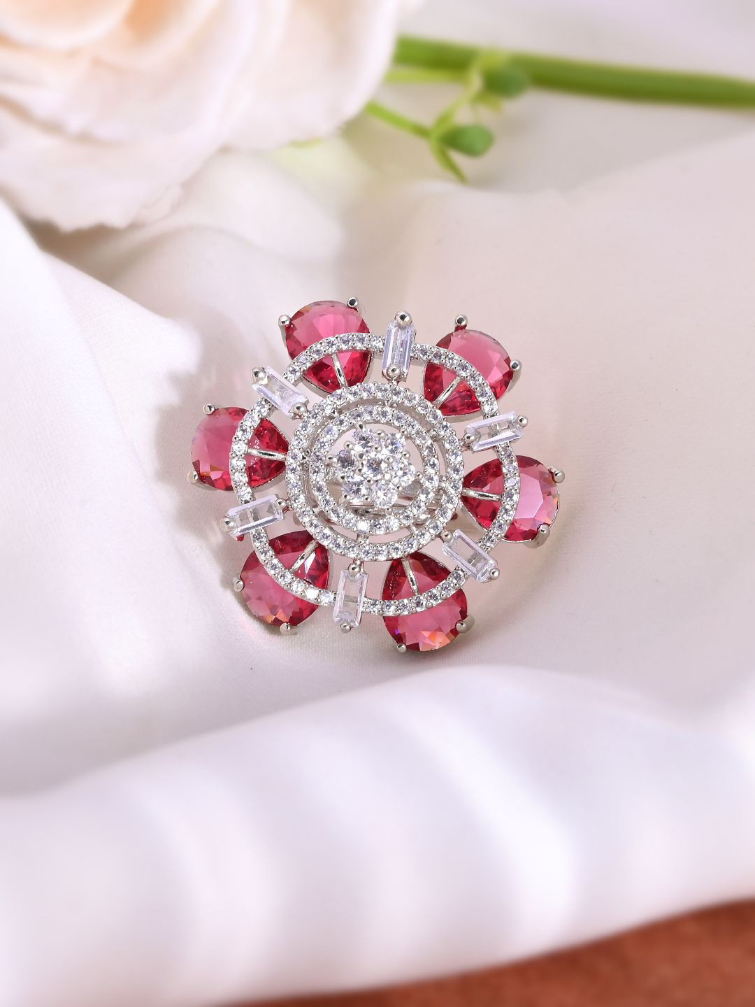 Silvermerc Designs Silver-Plated American Diamond-Studded Flower Finger Ring