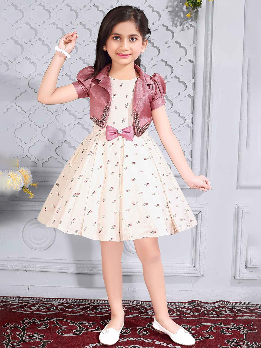 Lagorii Floral Printed Cream Partywear Frock With Onion Pink Overcoat For Girls