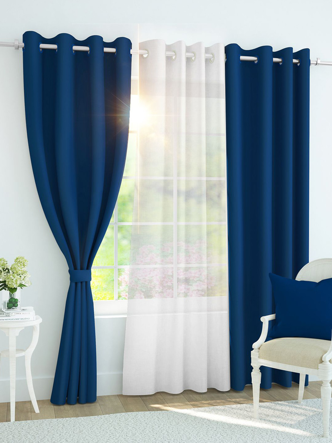 Story@home Set of 3 Combo Long Door Curtains of Blackout & Sheer 9 Feet, Navy Blue & White