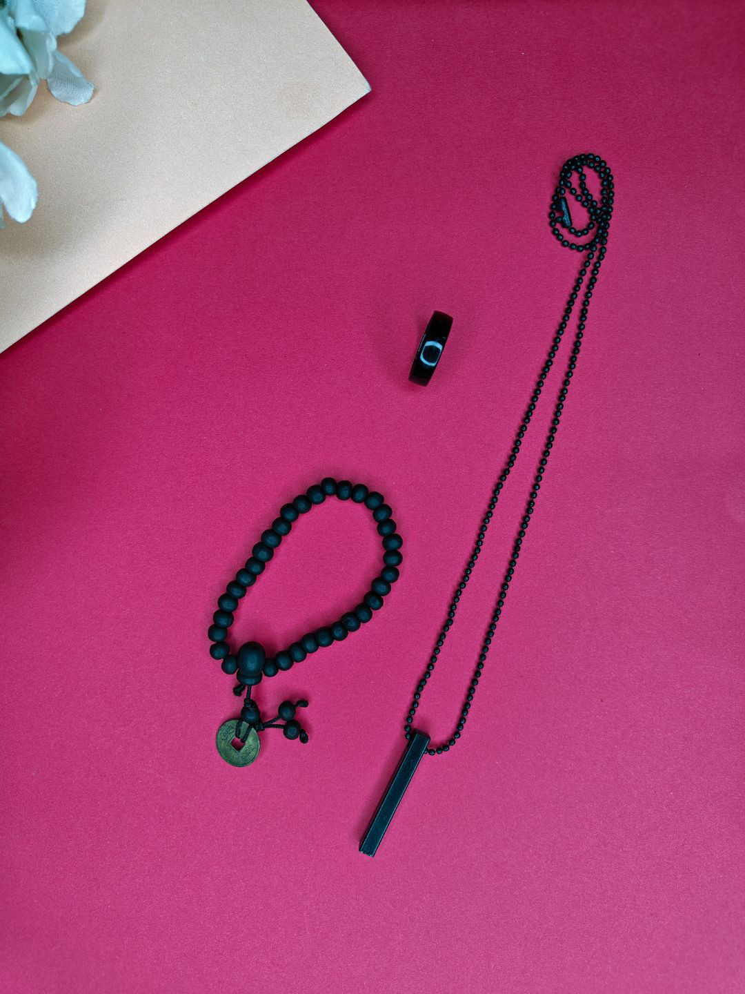 NVR Men's Black Toned Valentine Special Set Bracelet Pendant and Ring