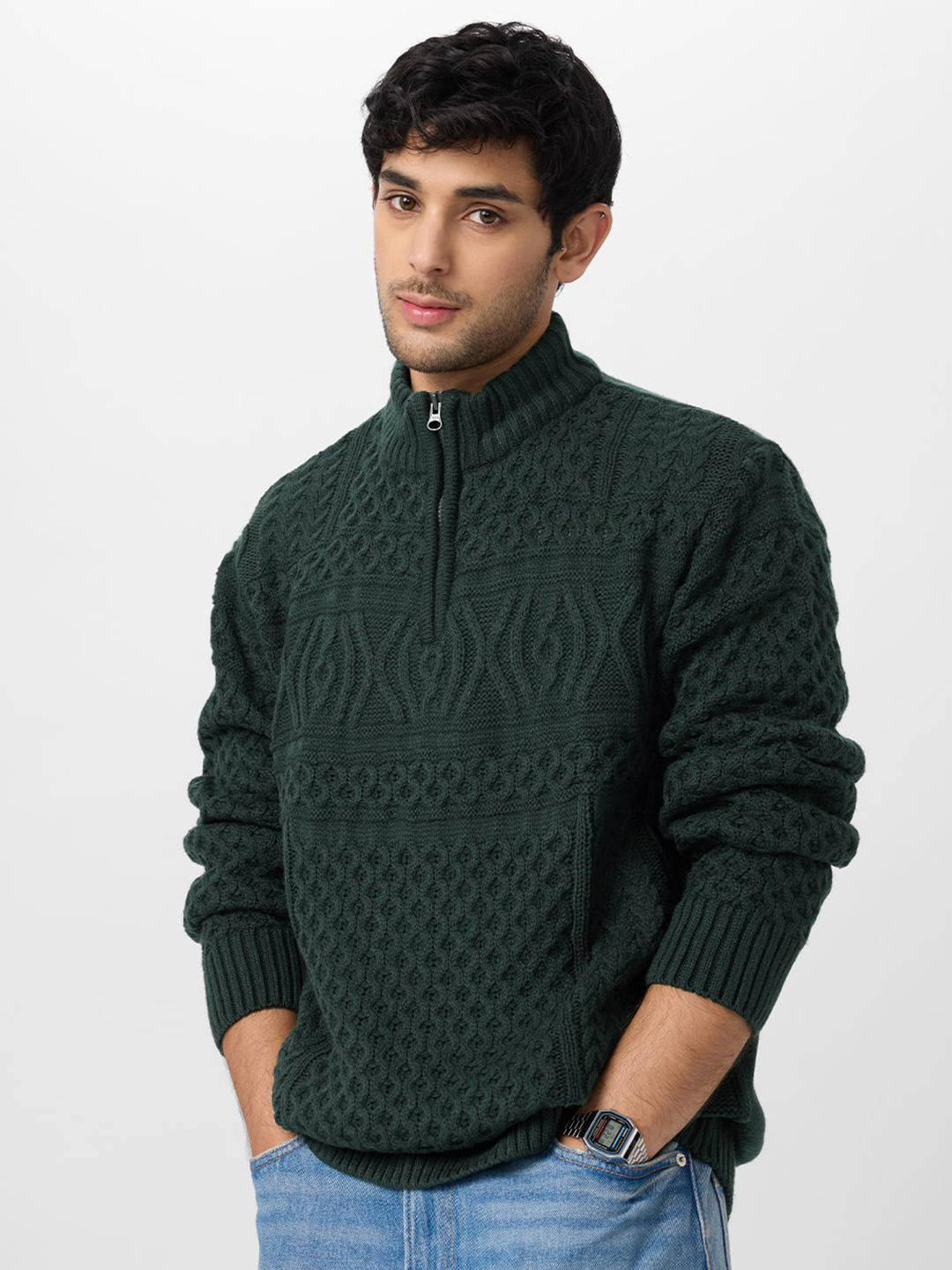 The Souled Store Men Cable Knit Pullover: Emerald Sweatshirt