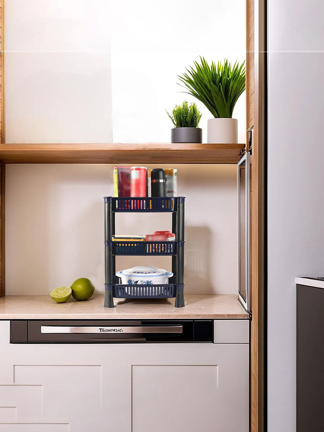 Kuber Industries Black & Blue 3-Tier Fruits & Vegetable Rack For Kitchen