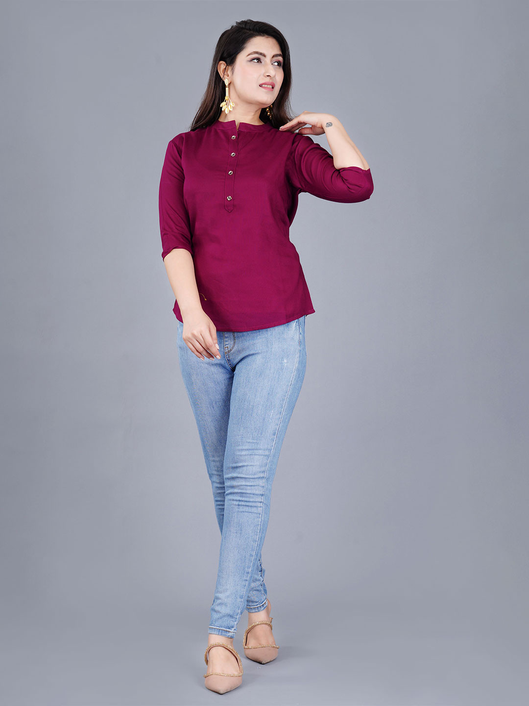 Brijam Mandarin Collar Puff Sleeve Top