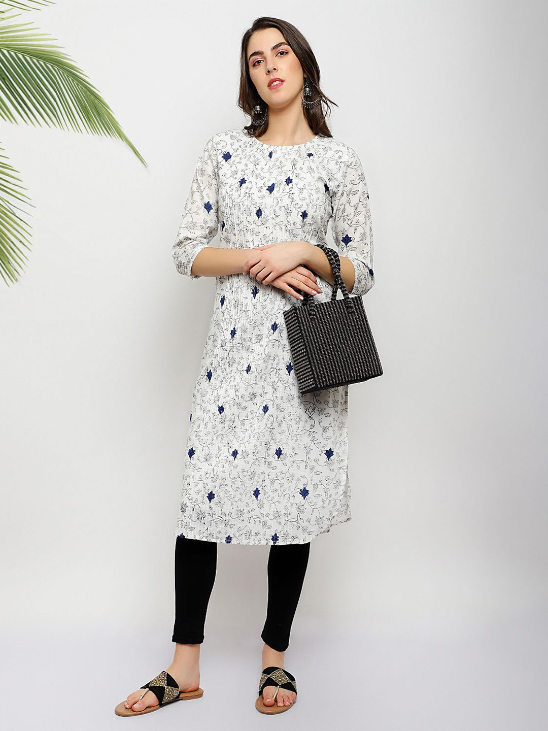 PALASH Floral Printed Pin Tucks Block Printed Pure Cotton Straight Kurta