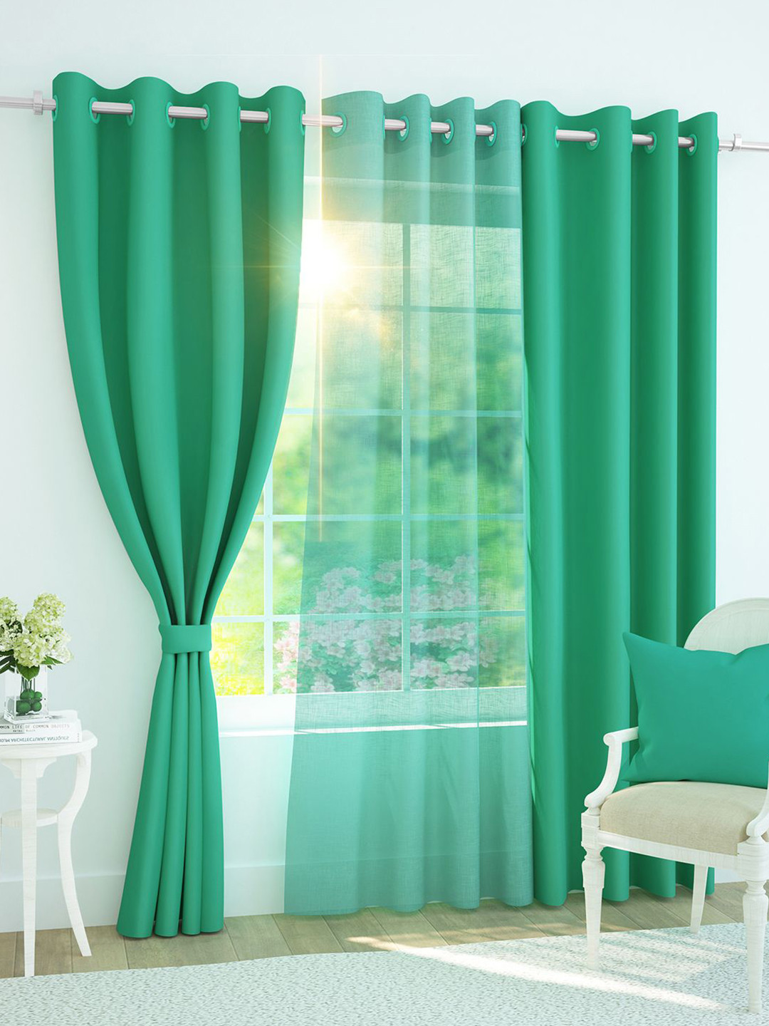 Story@home Set of 3 Combo Long Door Curtains of Blackout & Sheer 9 Feet, Teal & Mint Green
