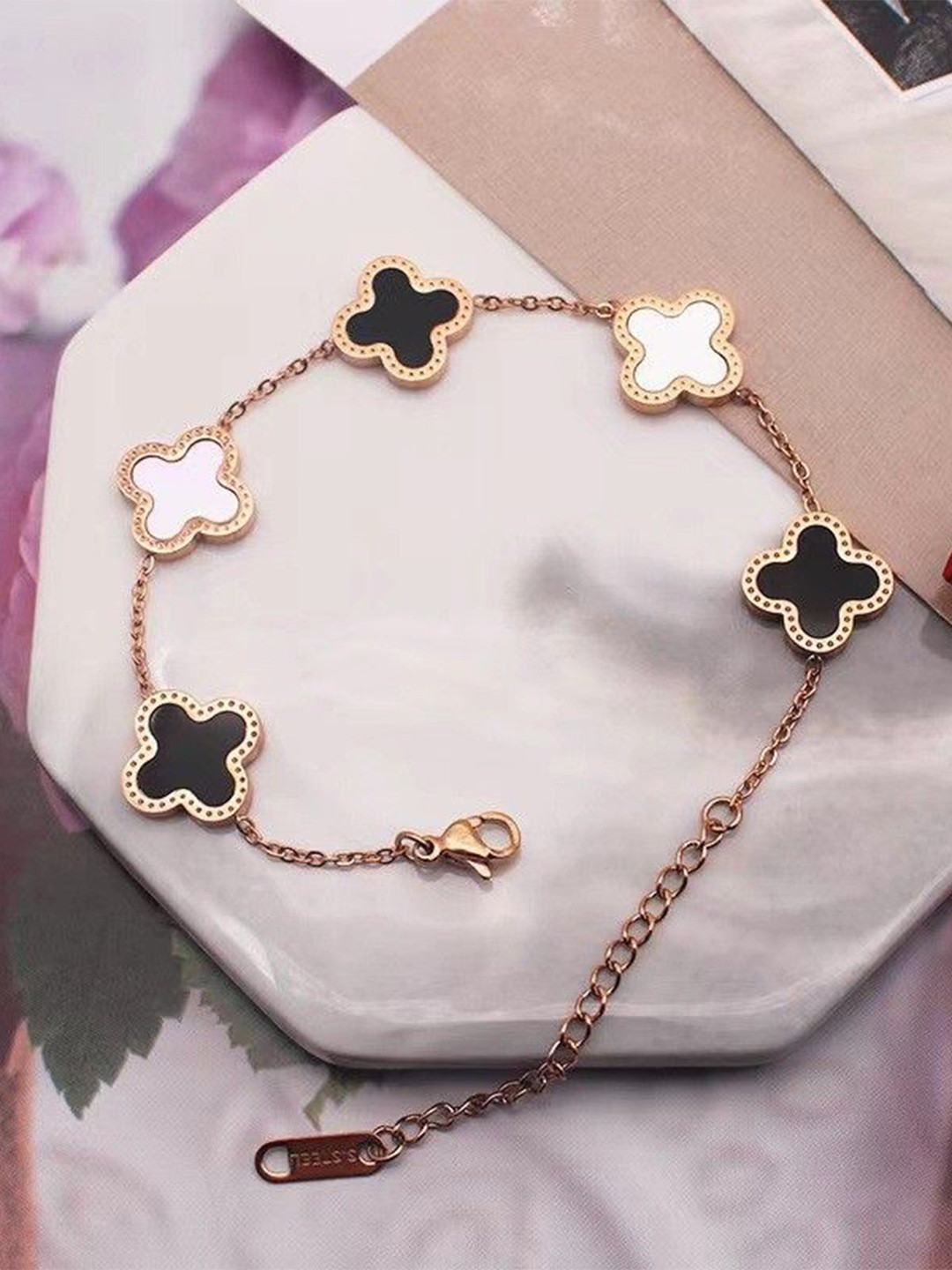 MEENAZ Rose Gold-Plated Stainless Steel Anti Tarnish Clover Link Bracelet