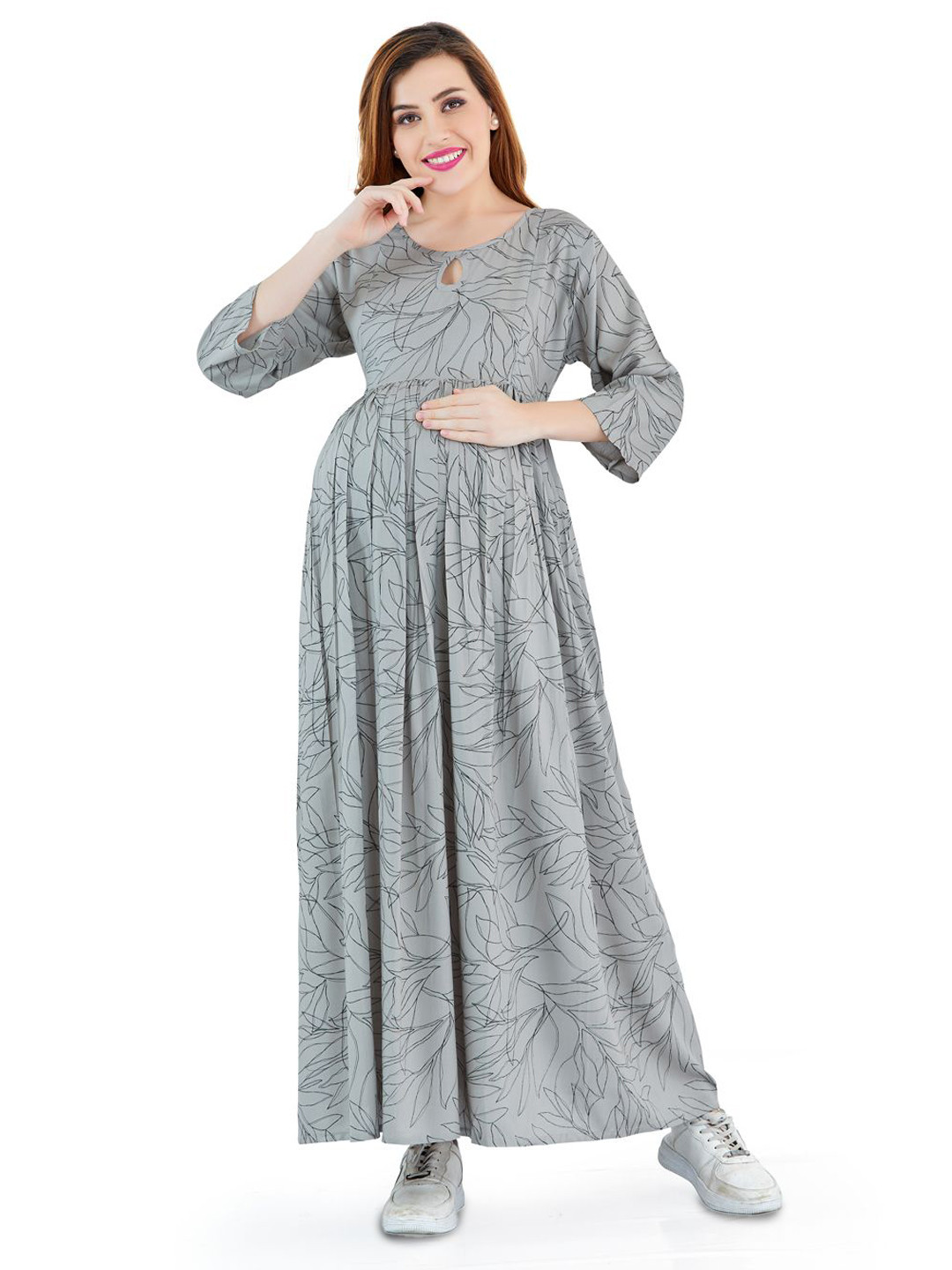 LOVELY MOM'S Women Keyhole Neck Maternity Fit and Flare Maxi Dress